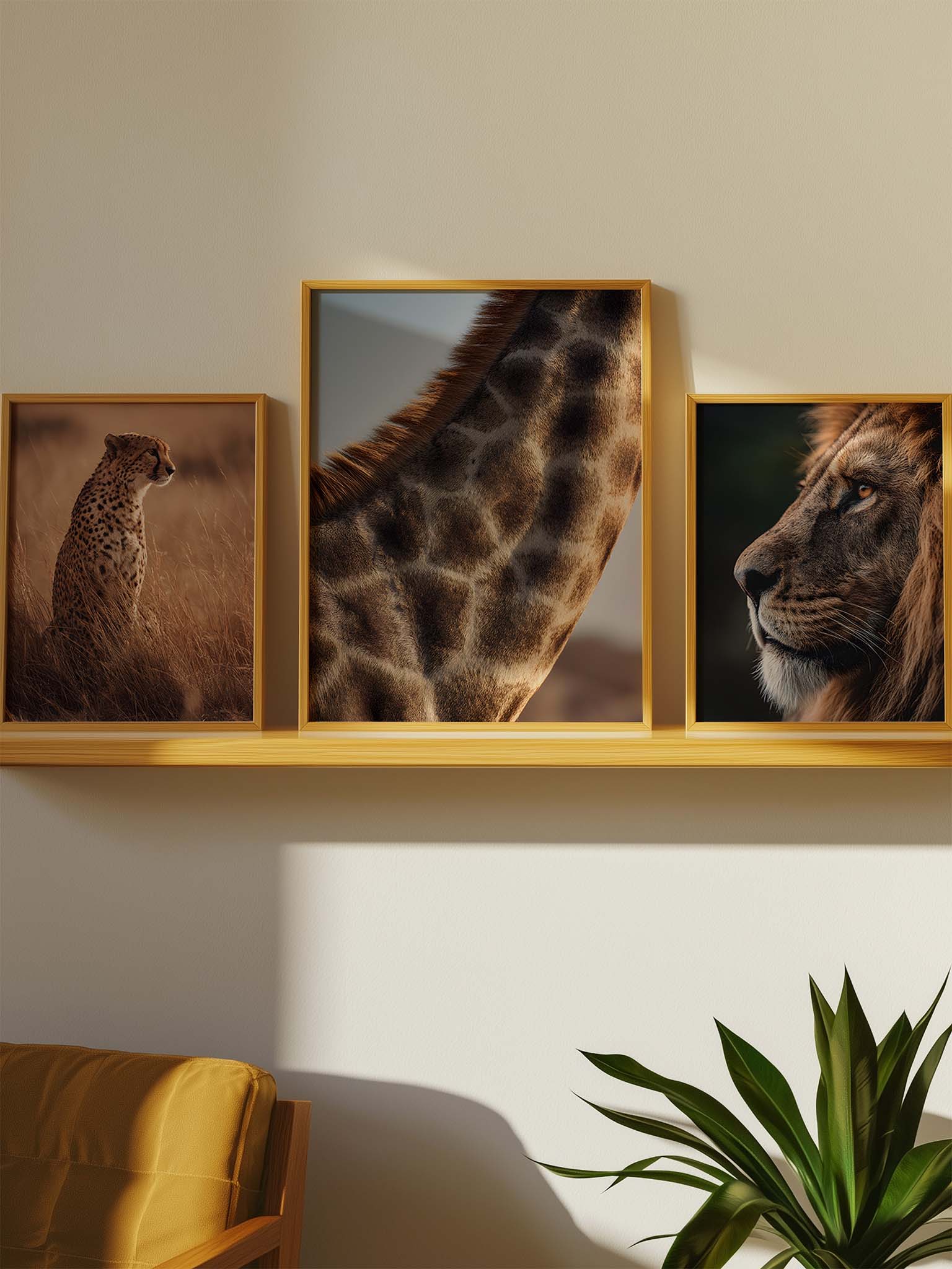 Drei gerahmte Tierfotografien mit Gepard in der Savanne, Nahaufnahme eines Giraffenfells und Porträt eines Löwen, arrangiert auf einem Wandregal in warmem Licht.