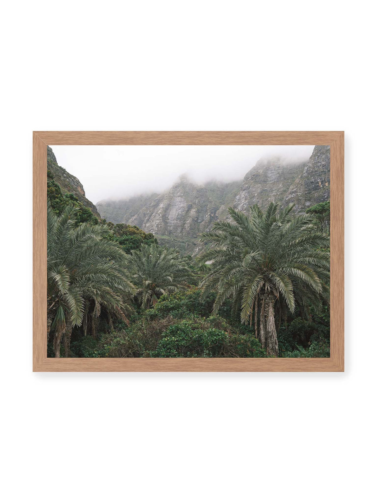 40x30 cm, Eichenrahmen – Dichte Palmen und grüne Vegetation vor steilen, teilweise von Nebel verhüllten Felswänden.