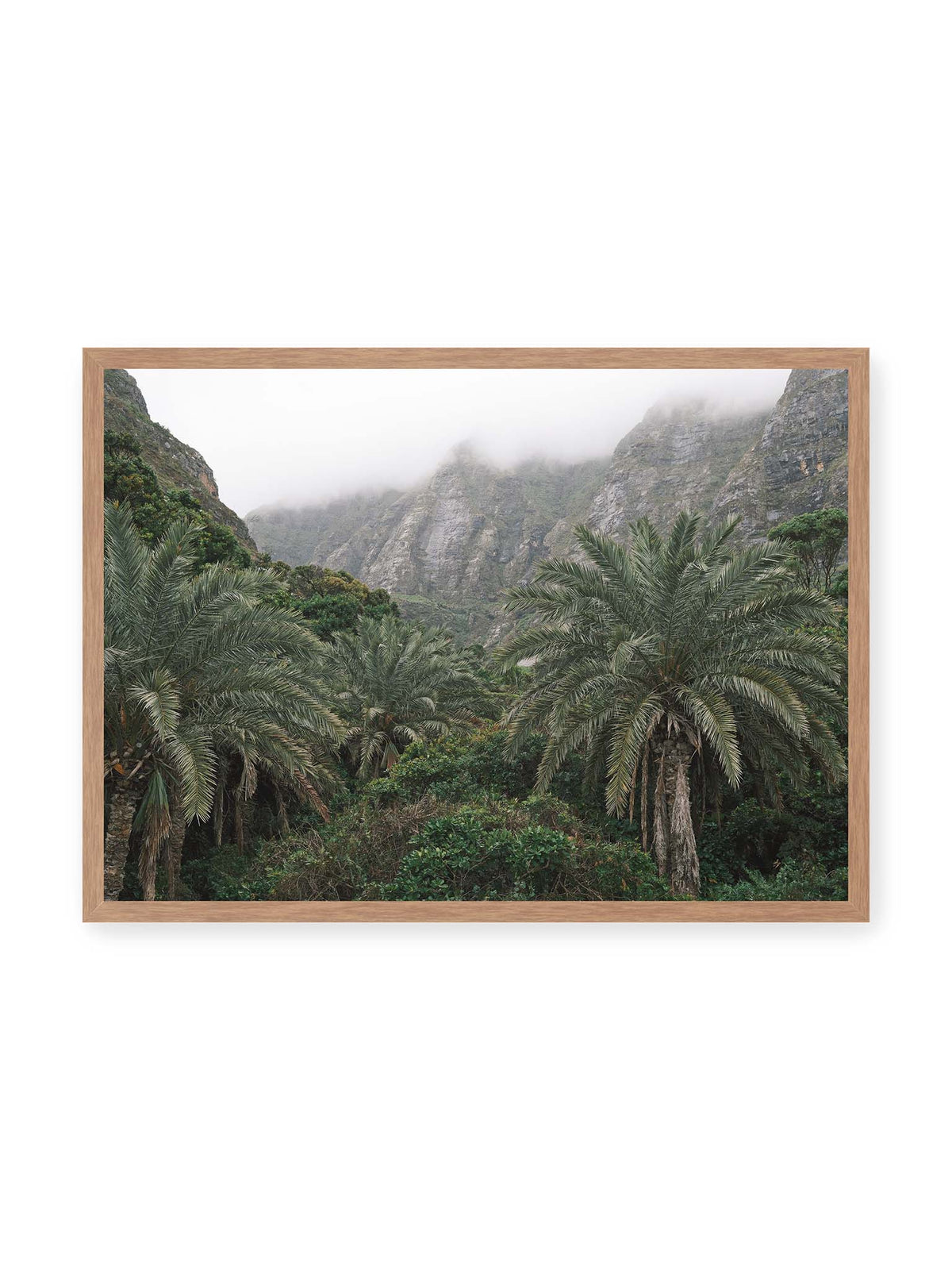 70x50 cm, Eichenrahmen – Dichte Palmen und grüne Vegetation vor steilen, teilweise von Nebel verhüllten Felswänden.