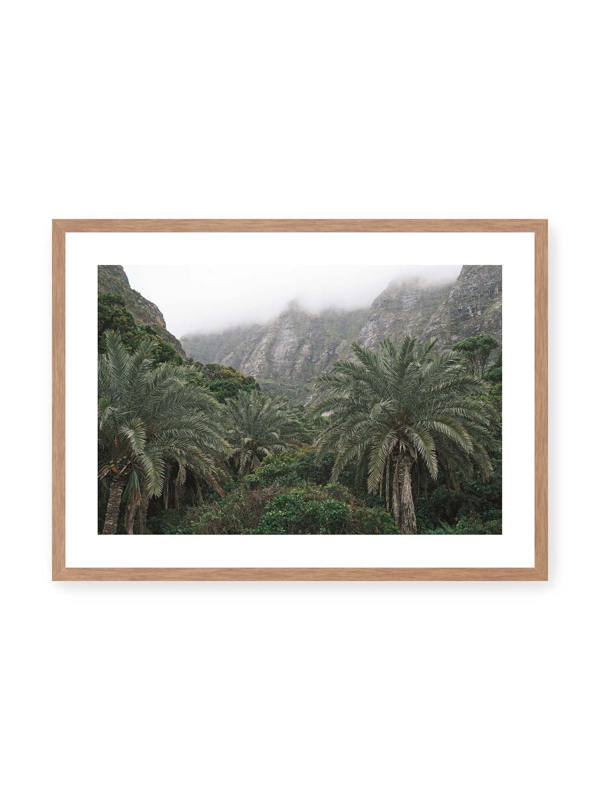 70x50 cm, weißer Galerie-Rand, Eichenrahmen – Dichte Palmen und grüne Vegetation vor steilen, teilweise von Nebel verhüllten Felswänden.