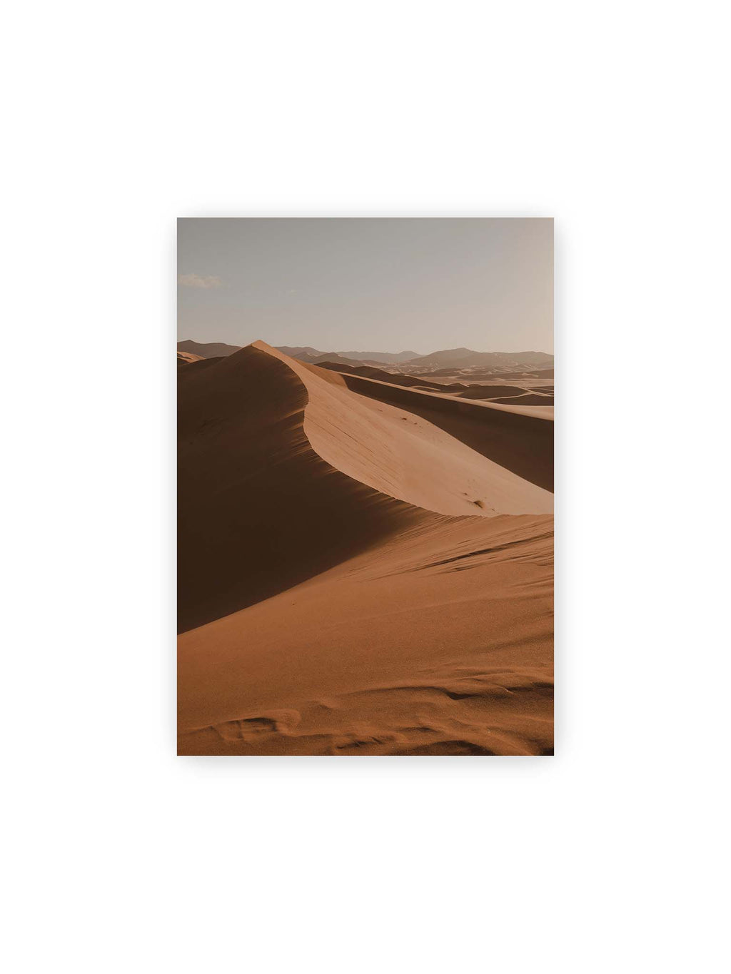 21x30 cm – Geschwungene Sanddünen mit warm beleuchteten Kämmen und tiefen Schatten vor einem hellen Himmel.