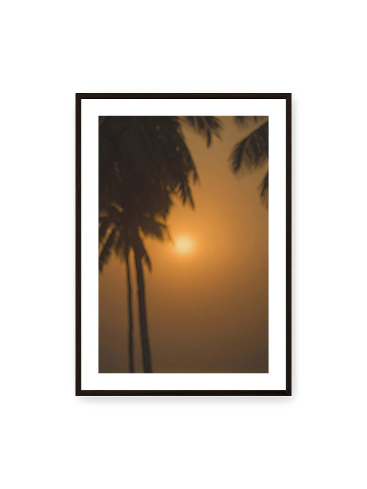 70x100 cm, weißer Galerie-Rand, schwarzer Rahmen – Unscharfe dunkle Palmen vor goldenem Himmel mit einer hell leuchtenden Sonne zwischen den Silhouetten.