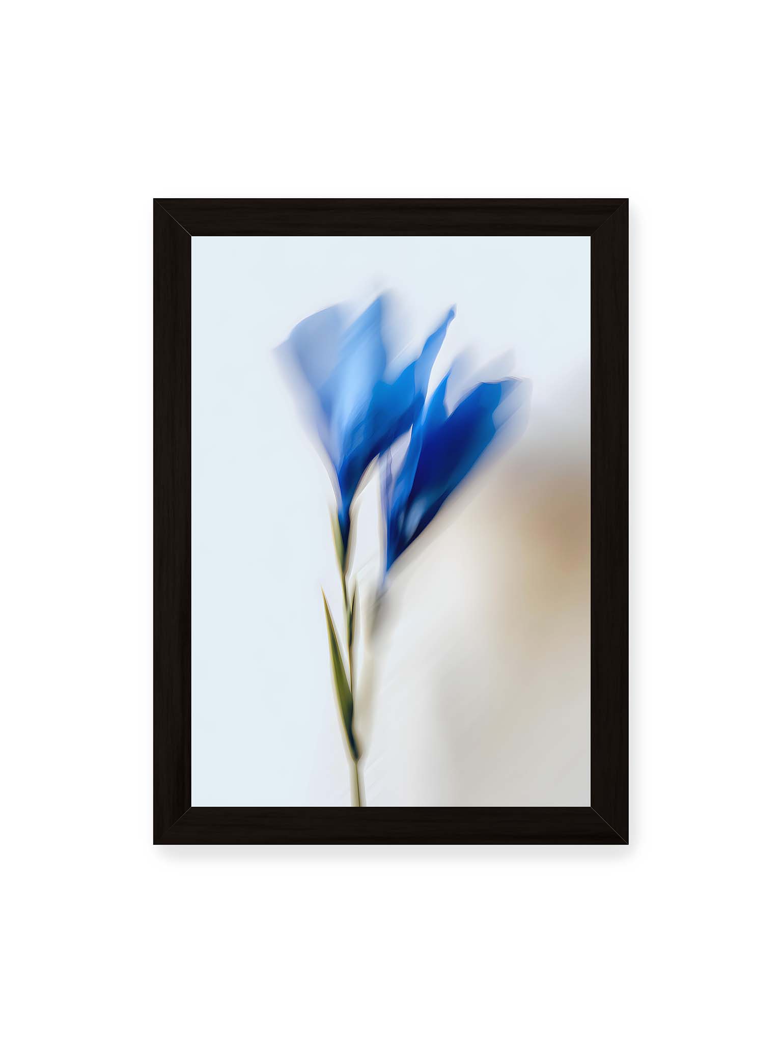 21x30 cm, schwarzer Rahmen – Verschwommene blaue Blütenblätter in sanften Bewegungen vor einem hellen Hintergrund.