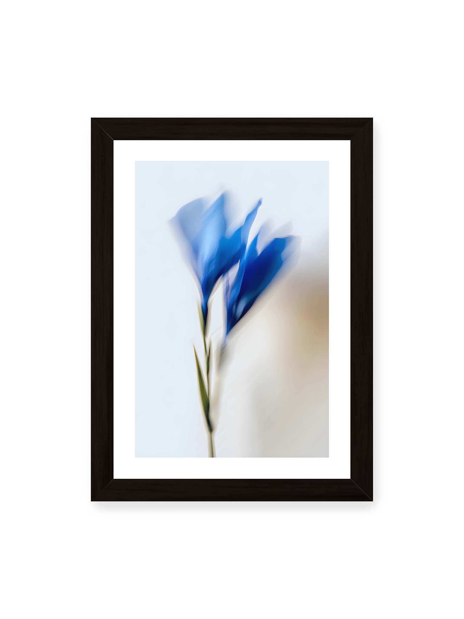 21x30 cm, weißer Galerie-Rand, schwarzer Rahmen – Verschwommene blaue Blütenblätter in sanften Bewegungen vor einem hellen Hintergrund.