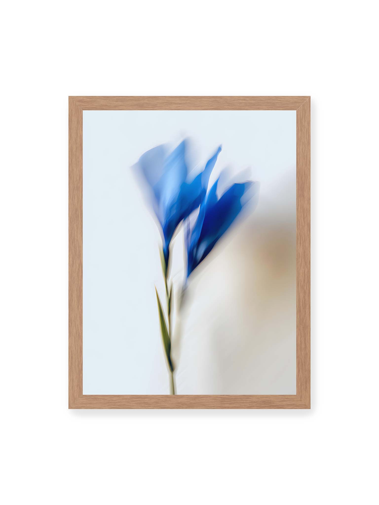 30x40 cm, Eichenrahmen – Verschwommene blaue Blütenblätter in sanften Bewegungen vor einem hellen Hintergrund.