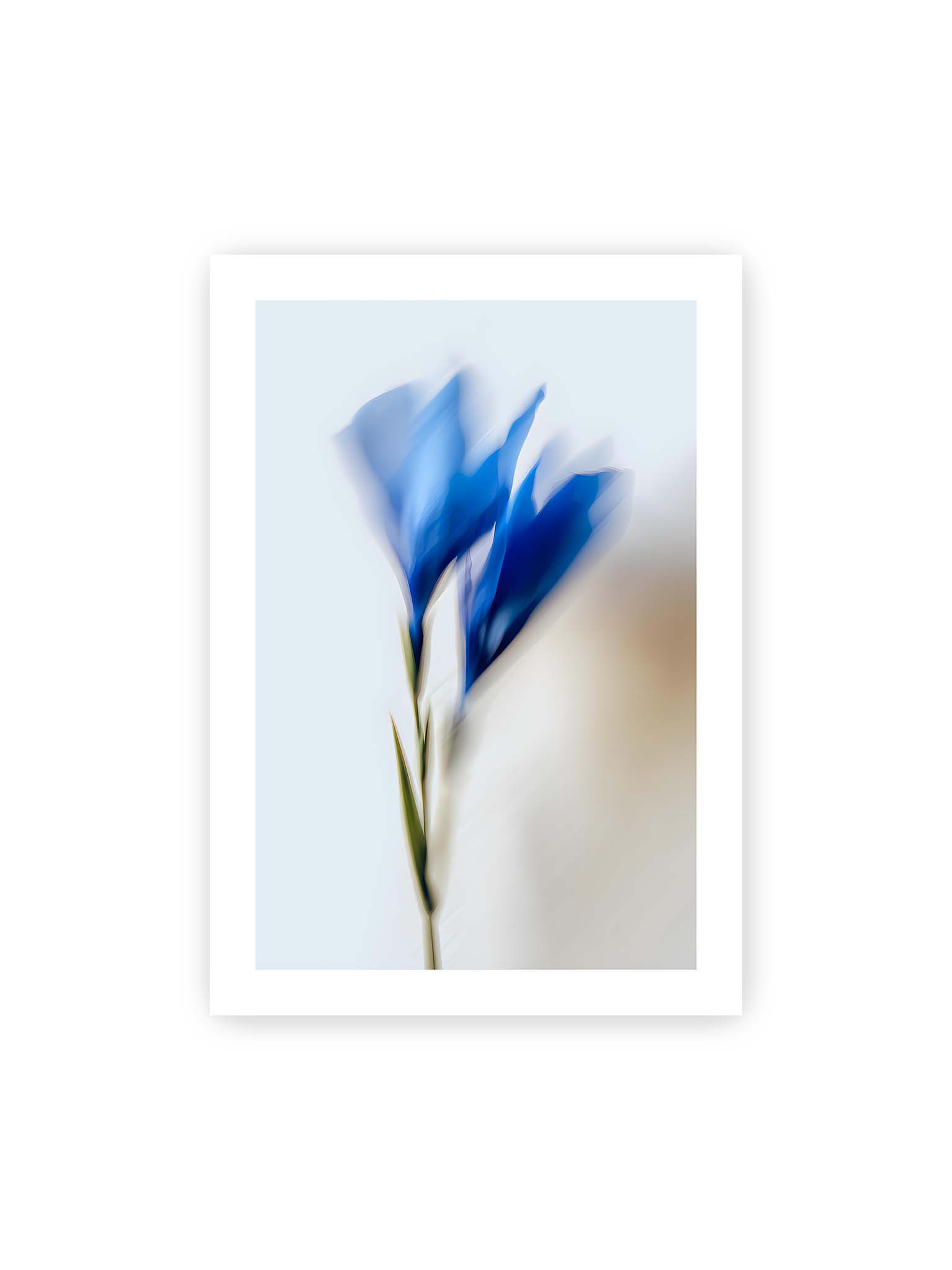 70x100 cm, weißer Galerie-Rand – Verschwommene blaue Blütenblätter in sanften Bewegungen vor einem hellen Hintergrund.