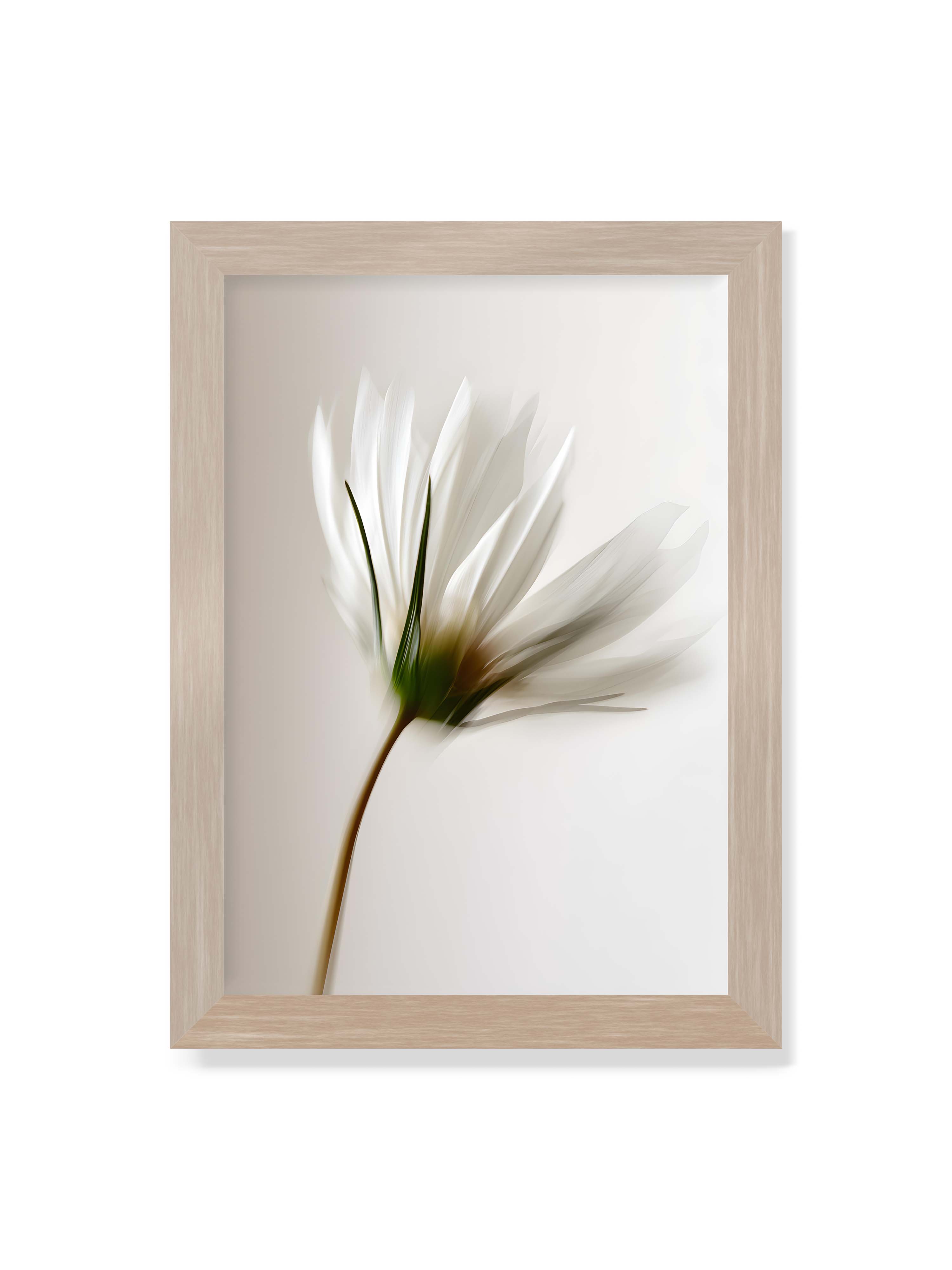 21x30 cm ohne Galerie-Rand im Eichenrahmen – Weiße Blüte mit Bewegungsunschärfe und grünem Kern vor hellem, weichem Hintergrund in Hochformat.