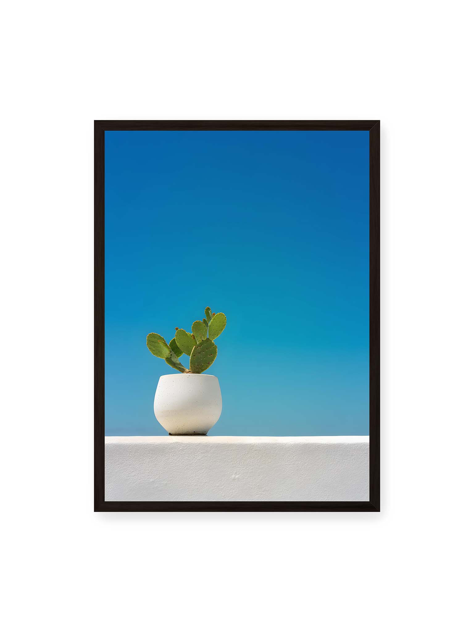 50x70 cm, schwarzer Rahmen – Grüner Kaktus in weißem Keramiktopf auf einer hellen Mauer vor klarem blauem Himmel.
