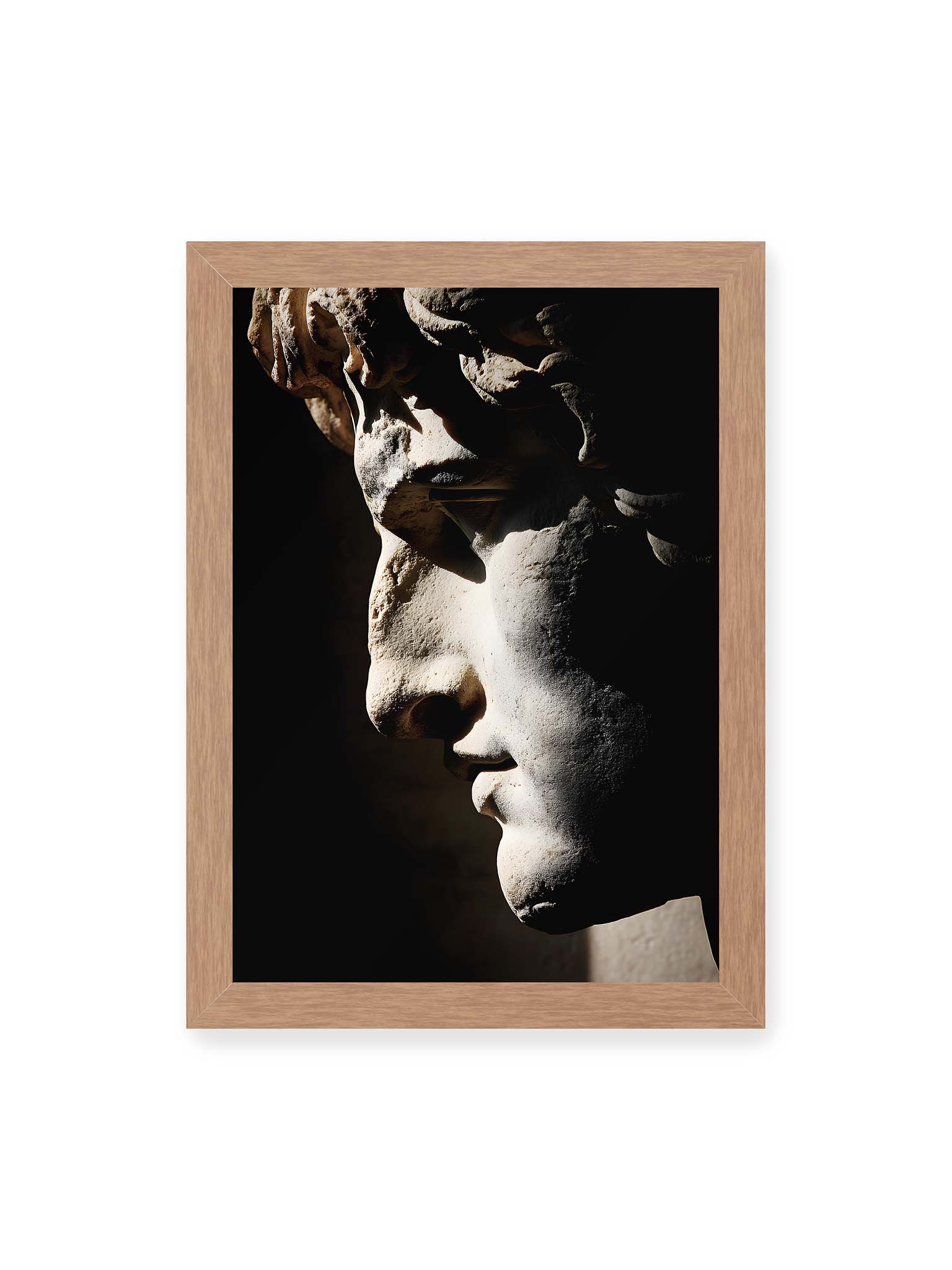 21x30 cm, Eichenrahmen – Profil einer klassischen Marmorskulptur, halb im Schatten, mit starkem gerichteten Licht auf der Steinoberfläche.