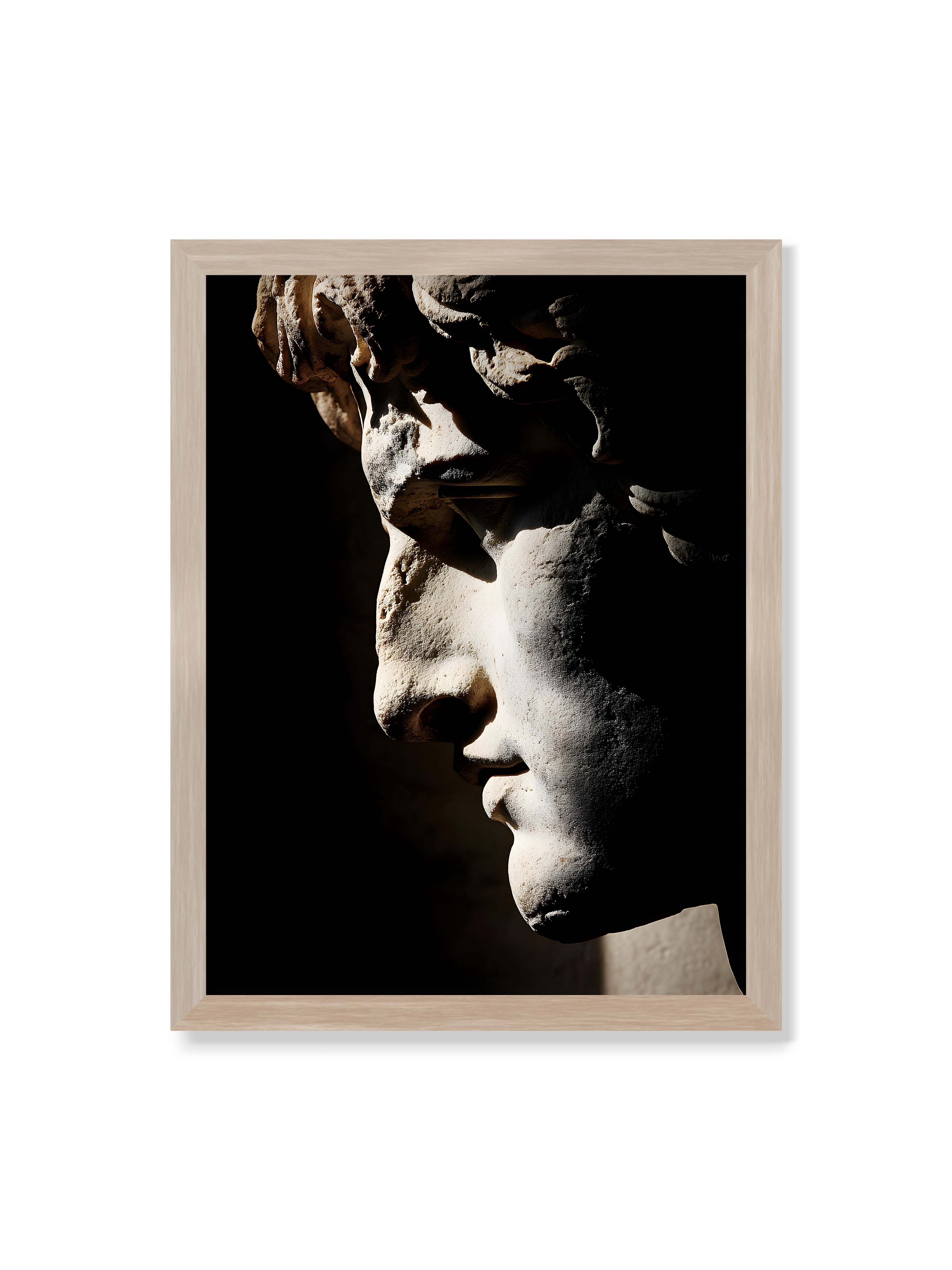 30x40 cm ohne Galerie-Rand im Eichenrahmen – Profil einer klassischen Marmorskulptur, halb im Schatten, mit starkem gerichteten Licht auf der Steinoberfläche.