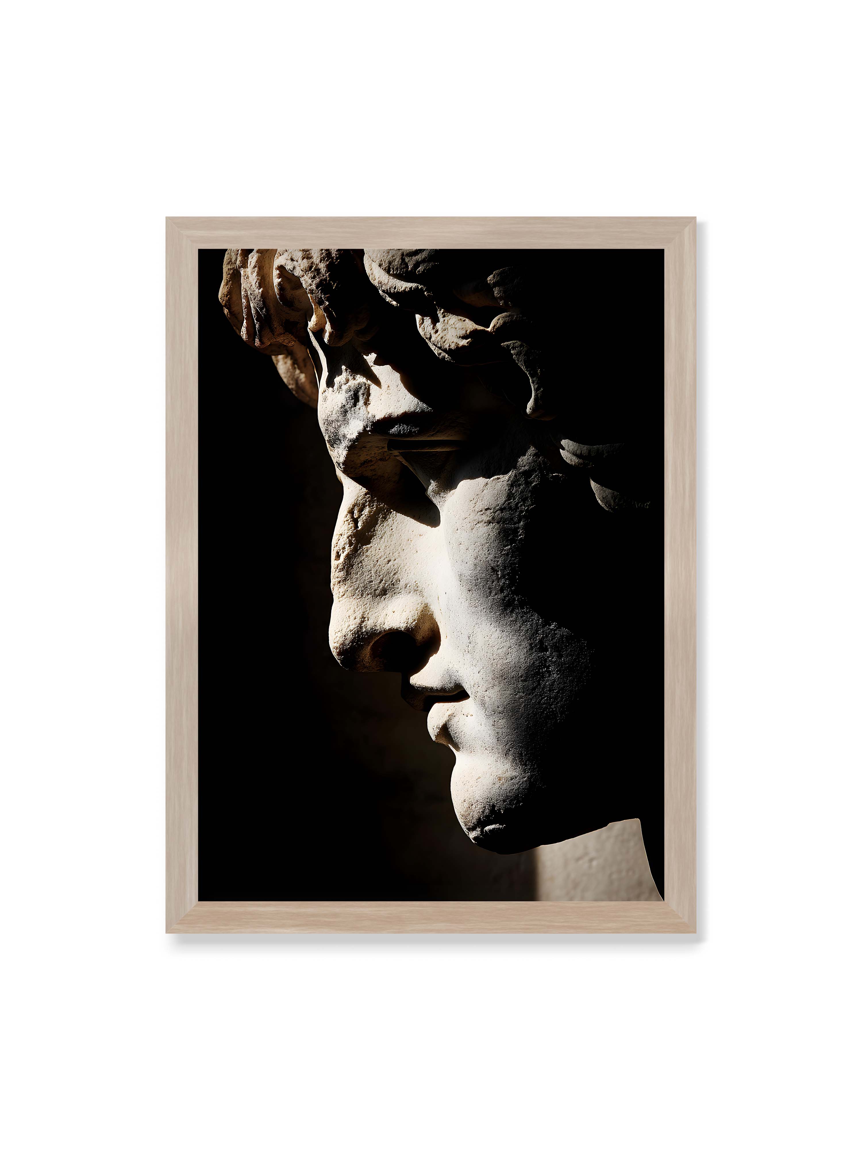 50x70 cm ohne Galerie-Rand im Eichenrahmen – Profil einer klassischen Marmorskulptur, halb im Schatten, mit starkem gerichteten Licht auf der Steinoberfläche.