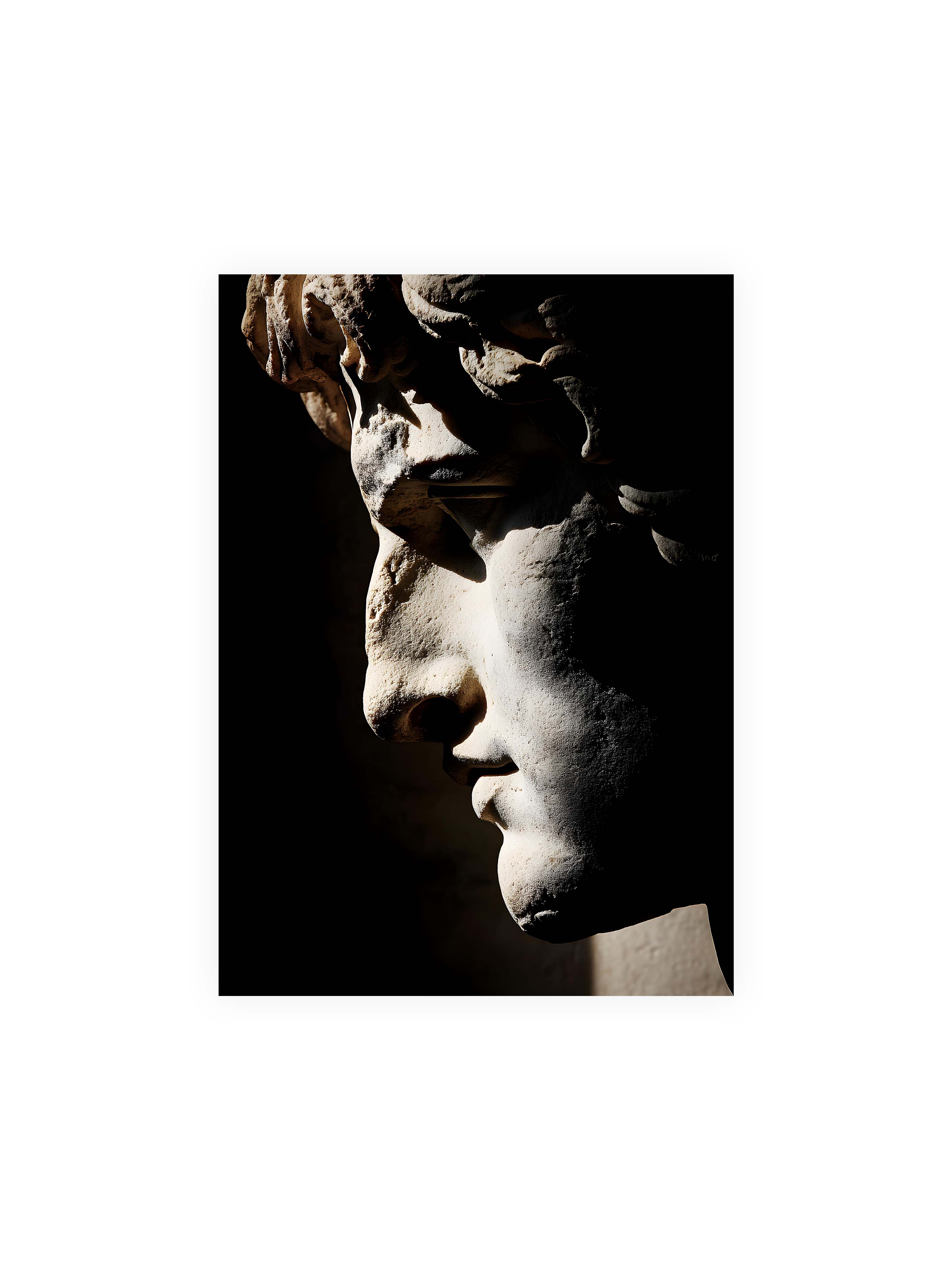 50x70 cm ohne Galerie-Rand ohne Rahmen – Profil einer klassischen Marmorskulptur, halb im Schatten, mit starkem gerichteten Licht auf der Steinoberfläche.