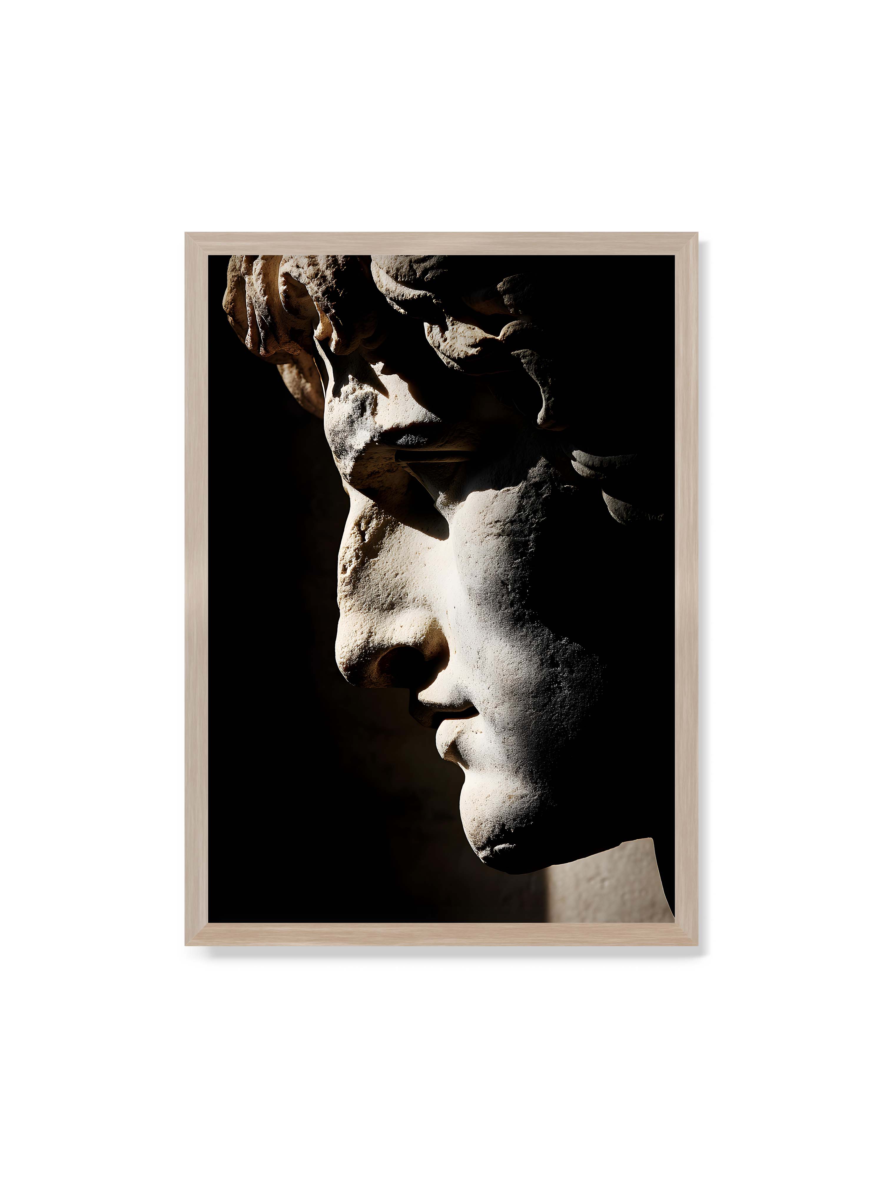 70x100 cm ohne Galerie-Rand im Eichenrahmen – Profil einer klassischen Marmorskulptur, halb im Schatten, mit starkem gerichteten Licht auf der Steinoberfläche.