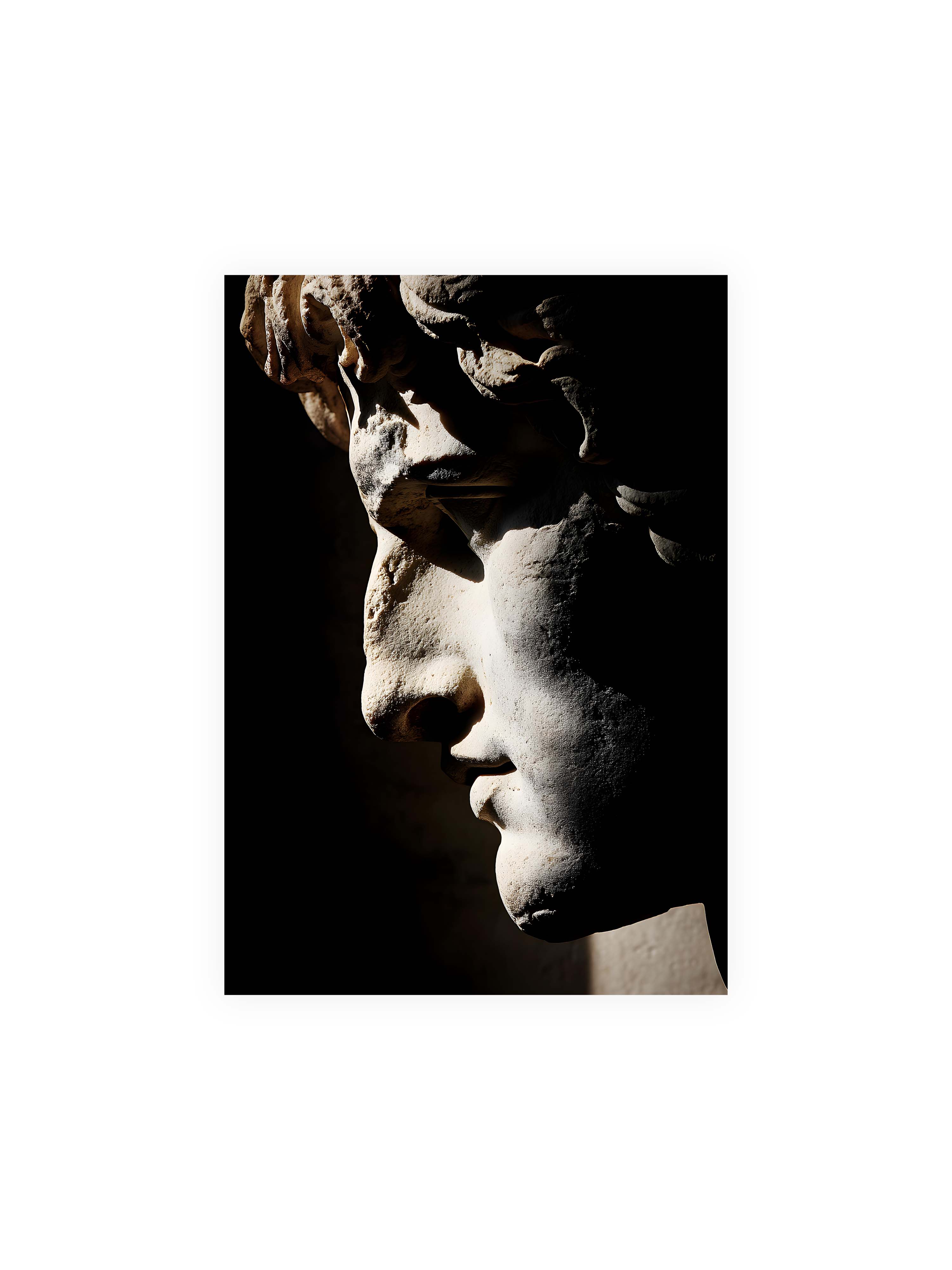 70x100 cm ohne Galerie-Rand ohne Rahmen – Profil einer klassischen Marmorskulptur, halb im Schatten, mit starkem gerichteten Licht auf der Steinoberfläche.