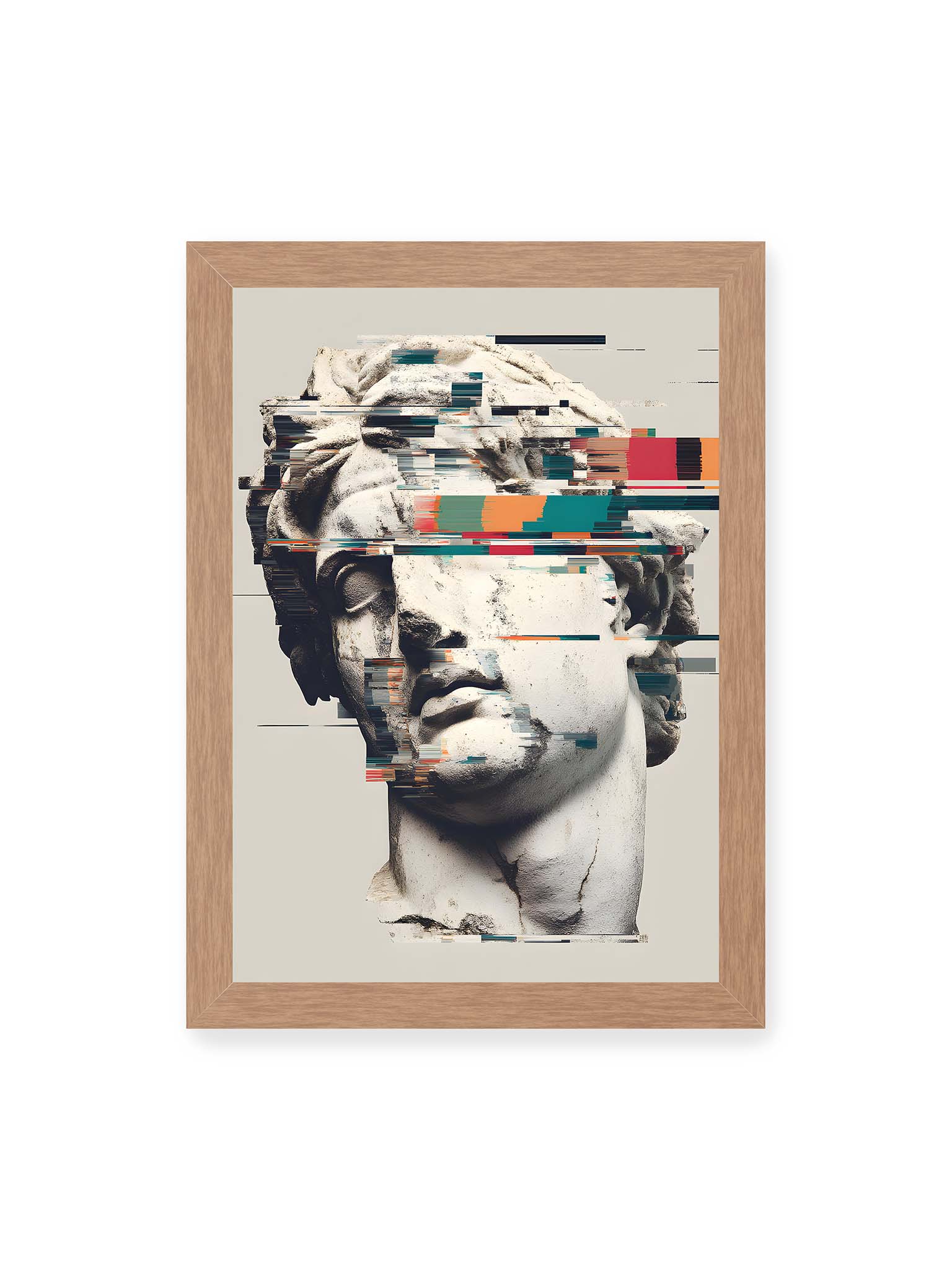 21x30 cm, Eichenrahmen – Klassische Marmorbüste mit horizontalen digitalen Glitch-Störungen und fragmentierter Steinoberfläche.