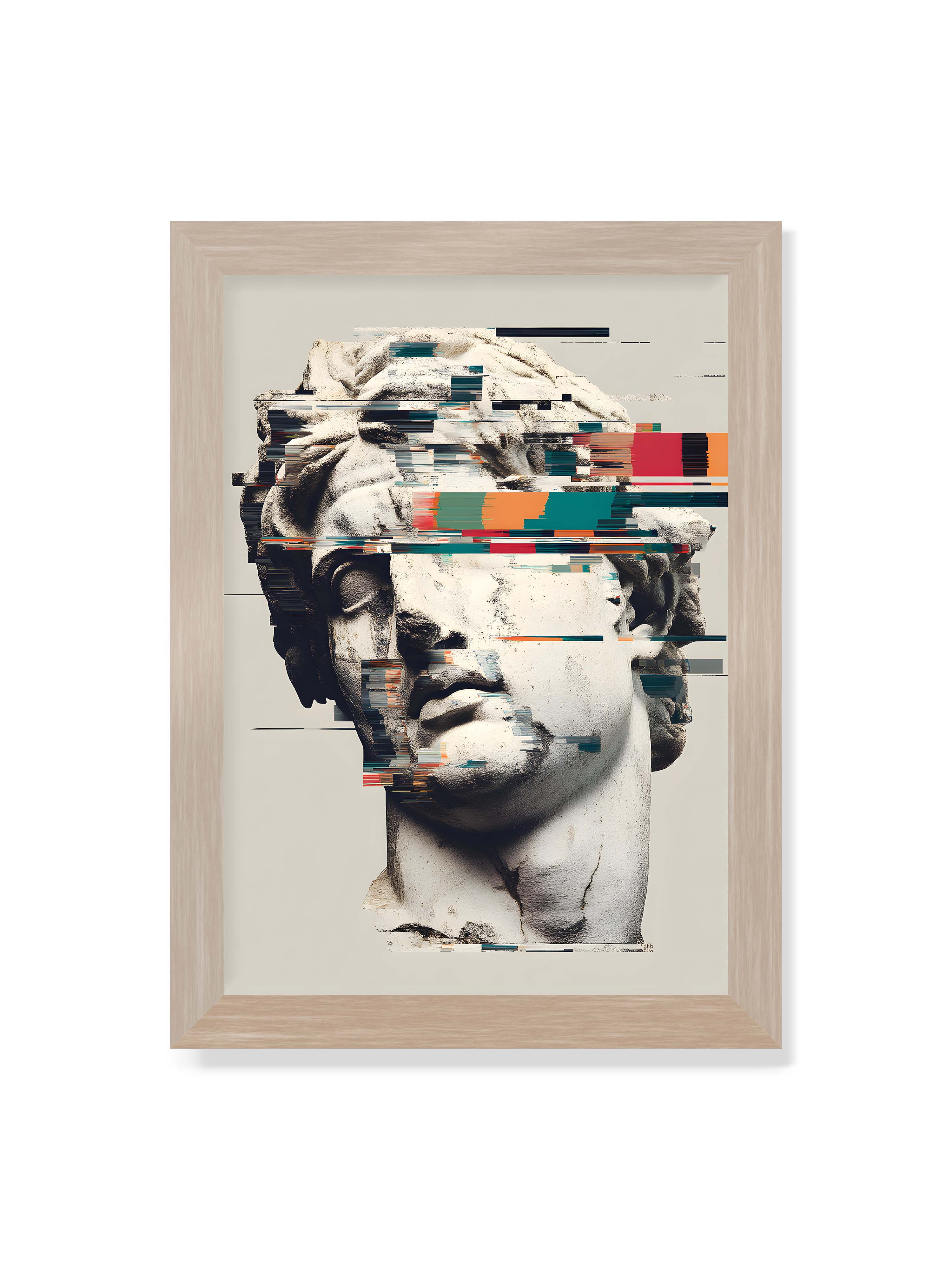 21x30 cm ohne Galerie-Rand im Eichenrahmen – Klassische Marmorbüste mit horizontalen digitalen Glitch-Störungen und fragmentierter Steinoberfläche.