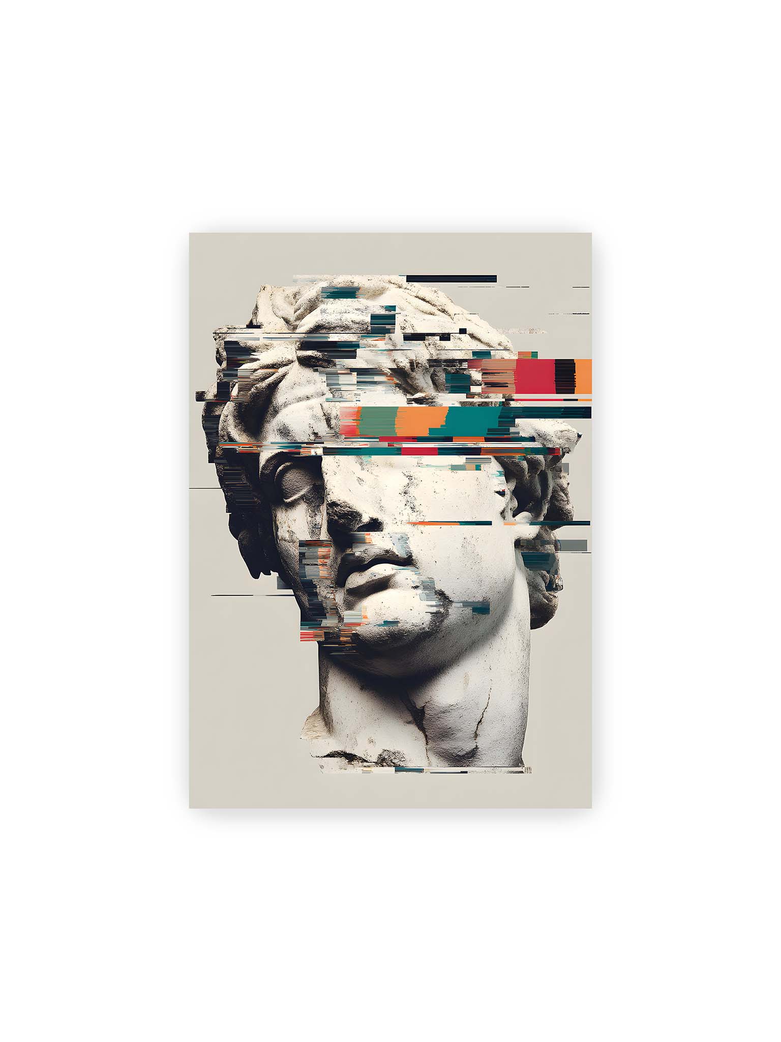 21x30 cm – Klassische Marmorbüste mit horizontalen digitalen Glitch-Störungen und fragmentierter Steinoberfläche.