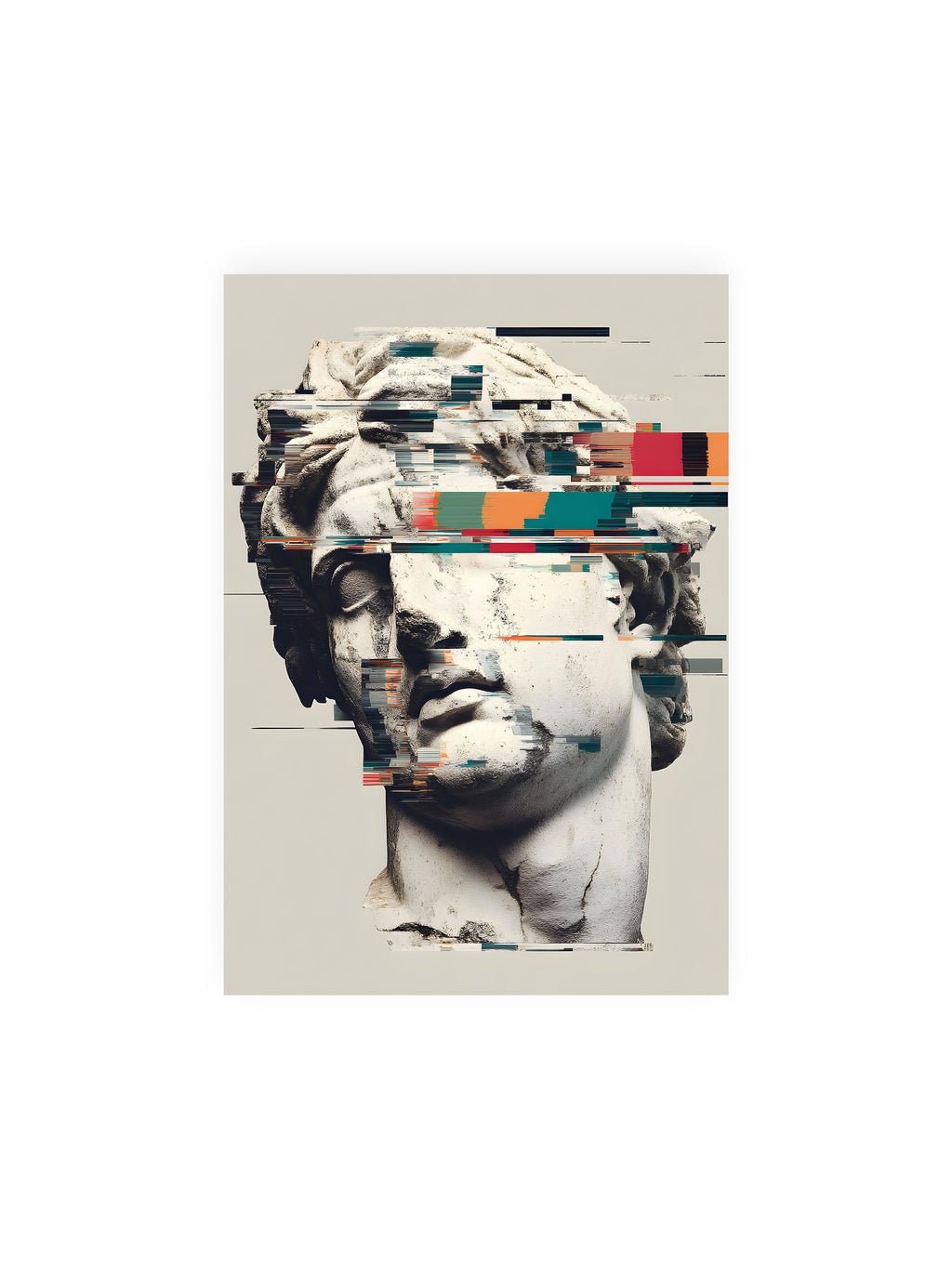 21x30 cm ohne Galerie-Rand ohne Rahmen – Klassische Marmorbüste mit horizontalen digitalen Glitch-Störungen und fragmentierter Steinoberfläche.