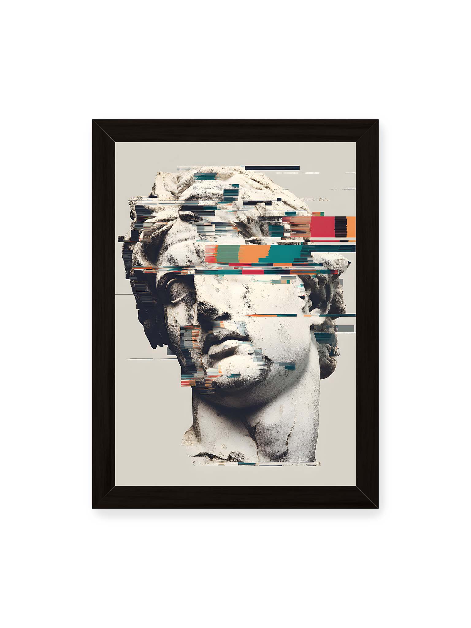 21x30 cm, schwarzer Rahmen – Klassische Marmorbüste mit horizontalen digitalen Glitch-Störungen und fragmentierter Steinoberfläche.