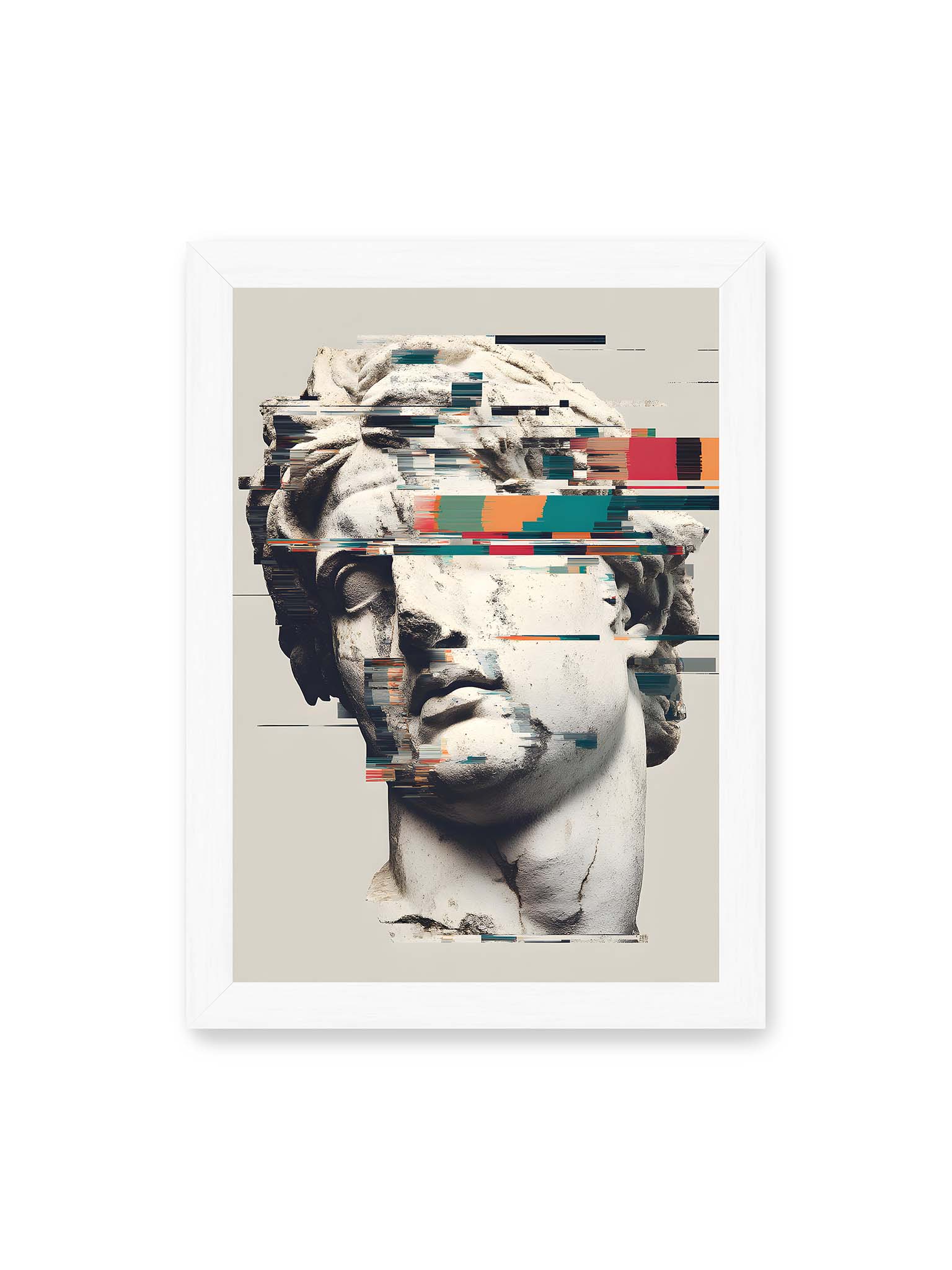 21x30 cm, weißer Rahmen – Klassische Marmorbüste mit horizontalen digitalen Glitch-Störungen und fragmentierter Steinoberfläche.