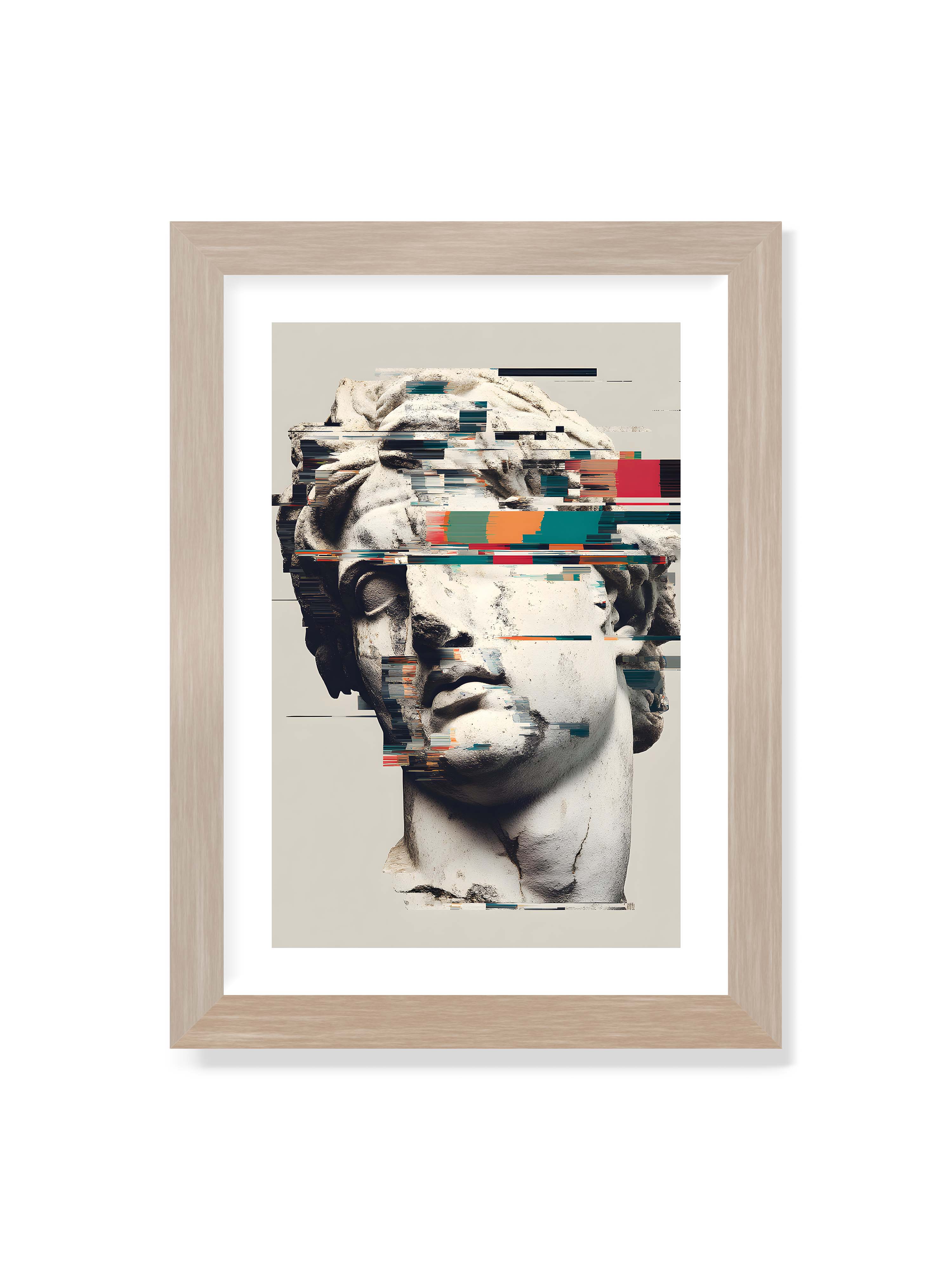 21x30 cm mit weißem Galerie-Rand im Eichenrahmen – Klassische Marmorbüste mit horizontalen digitalen Glitch-Störungen und fragmentierter Steinoberfläche.