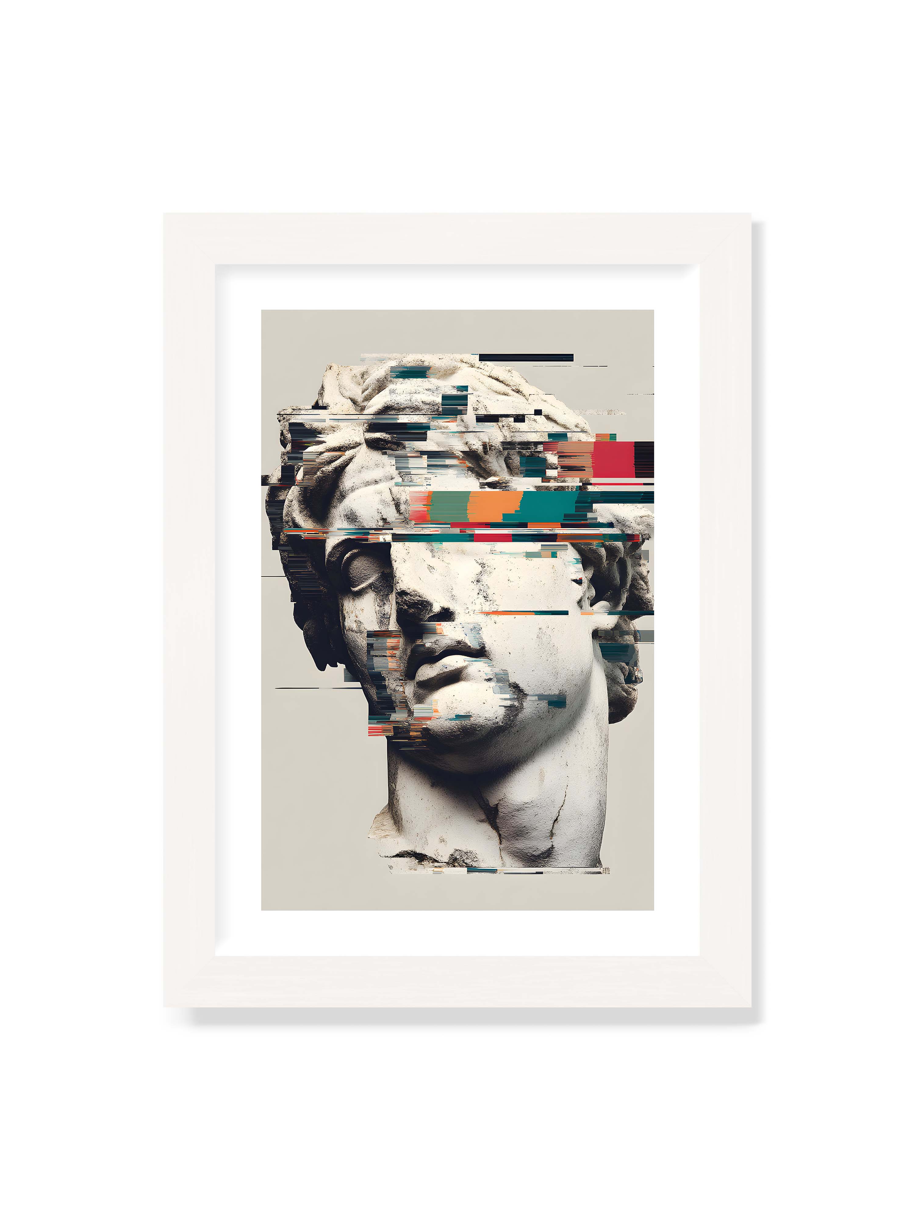 21x30 cm mit weißem Galerie-Rand mit weißem Rahmen – Klassische Marmorbüste mit horizontalen digitalen Glitch-Störungen und fragmentierter Steinoberfläche.