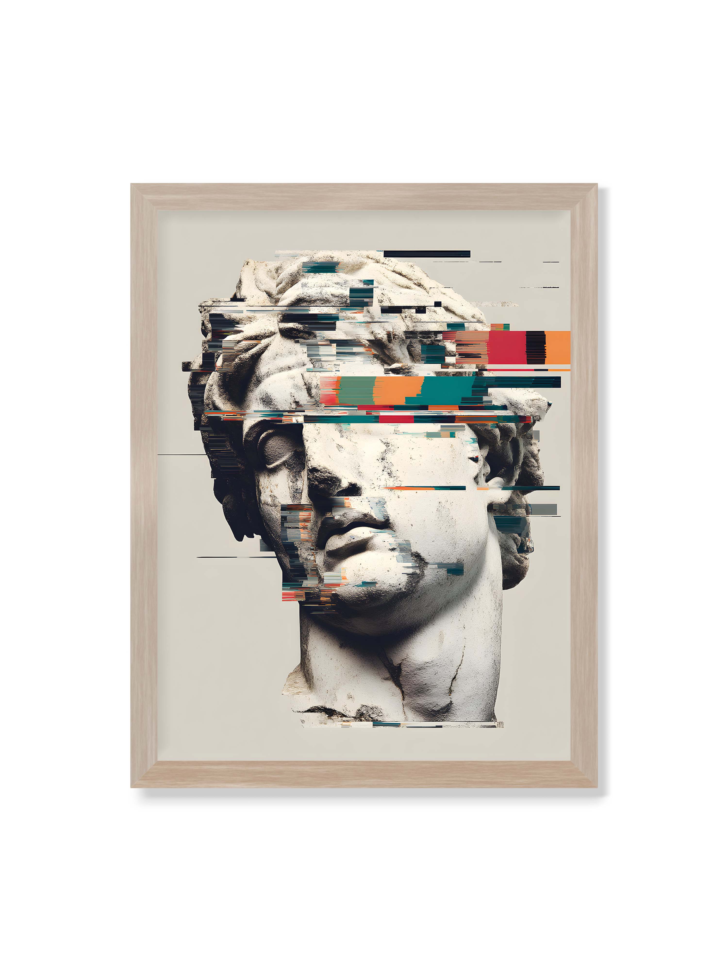 30x40 cm ohne Galerie-Rand im Eichenrahmen – Klassische Marmorbüste mit horizontalen digitalen Glitch-Störungen und fragmentierter Steinoberfläche.