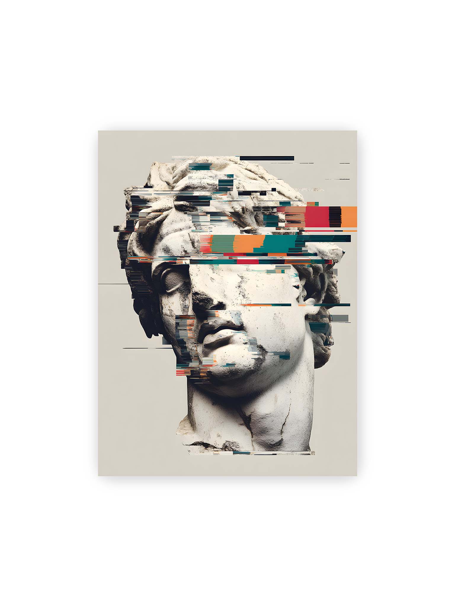 30x40 cm – Klassische Marmorbüste mit horizontalen digitalen Glitch-Störungen und fragmentierter Steinoberfläche.