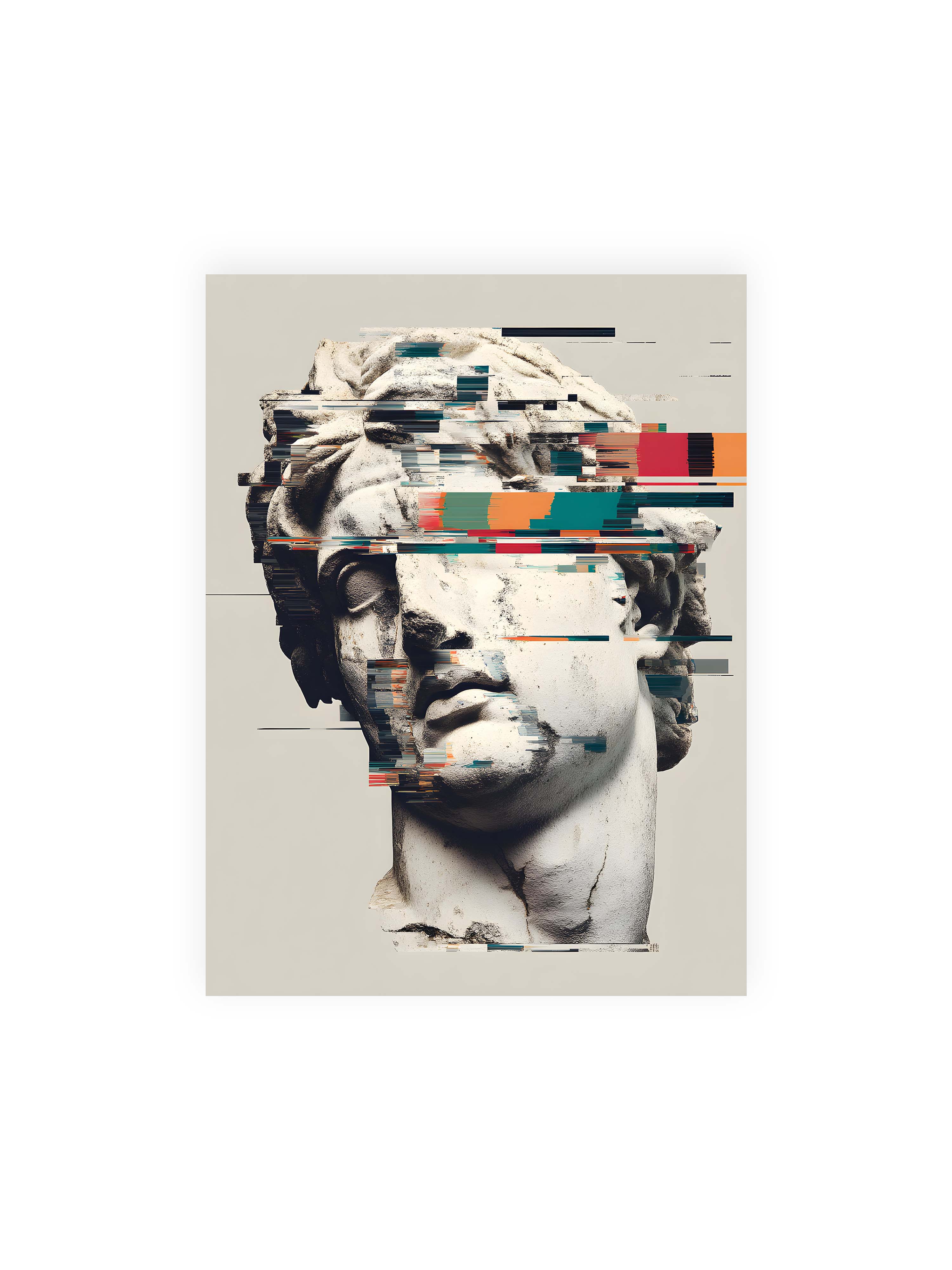 30x40 cm ohne Galerie-Rand ohne Rahmen – Klassische Marmorbüste mit horizontalen digitalen Glitch-Störungen und fragmentierter Steinoberfläche.