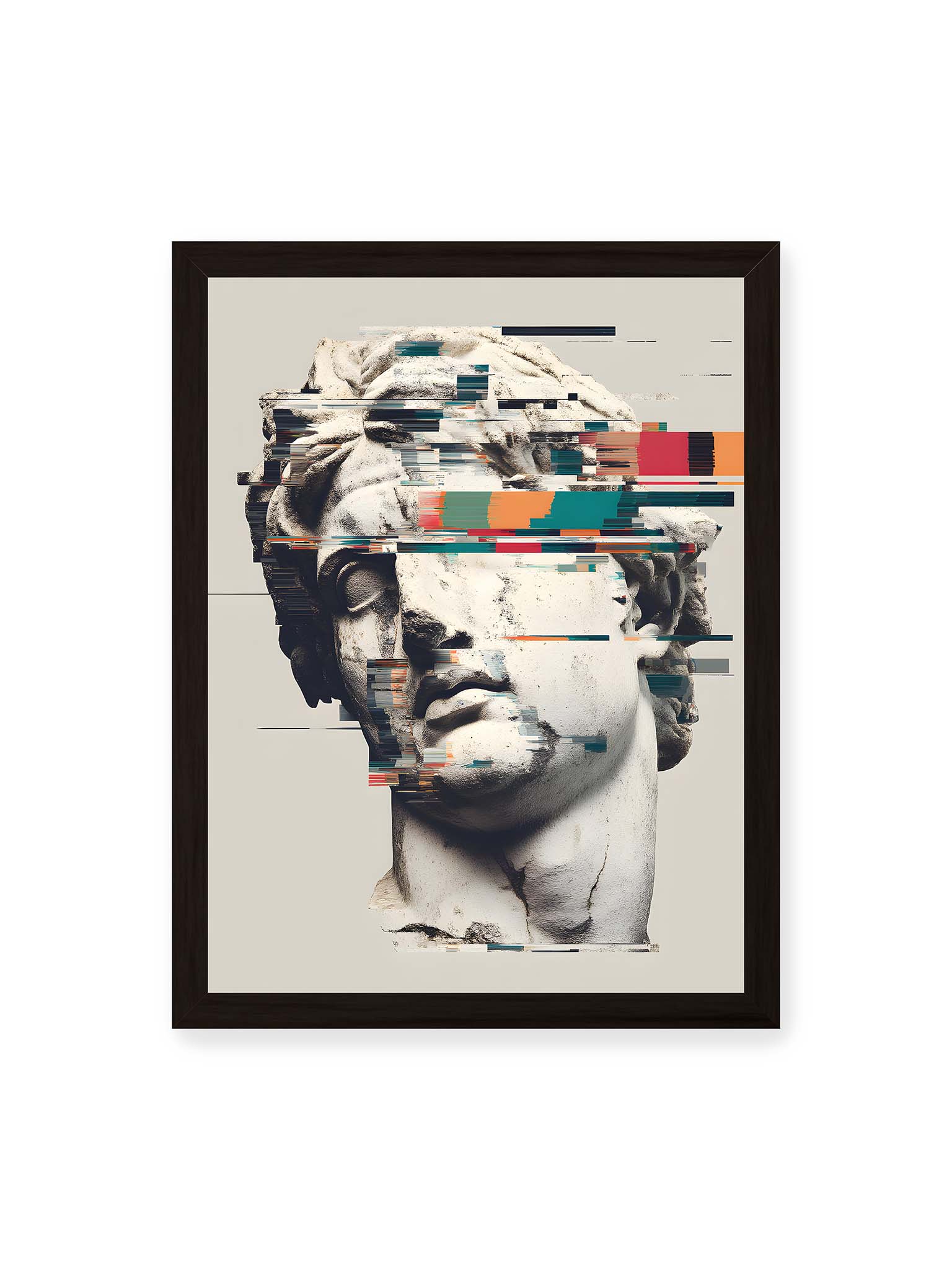 30x40 cm, schwarzer Rahmen – Klassische Marmorbüste mit horizontalen digitalen Glitch-Störungen und fragmentierter Steinoberfläche.