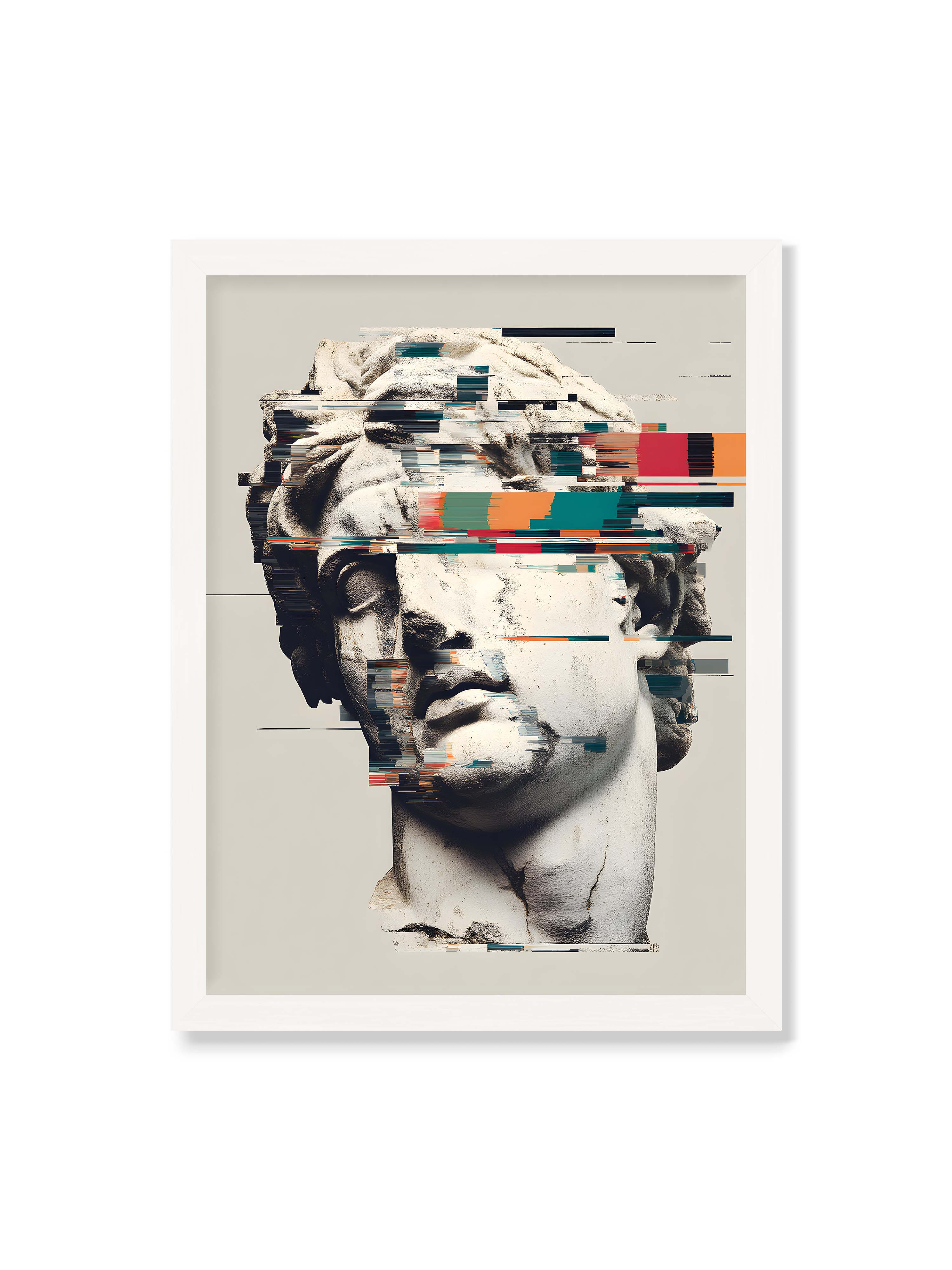 30x40 cm ohne Galerie-Rand mit weißem Rahmen – Klassische Marmorbüste mit horizontalen digitalen Glitch-Störungen und fragmentierter Steinoberfläche.