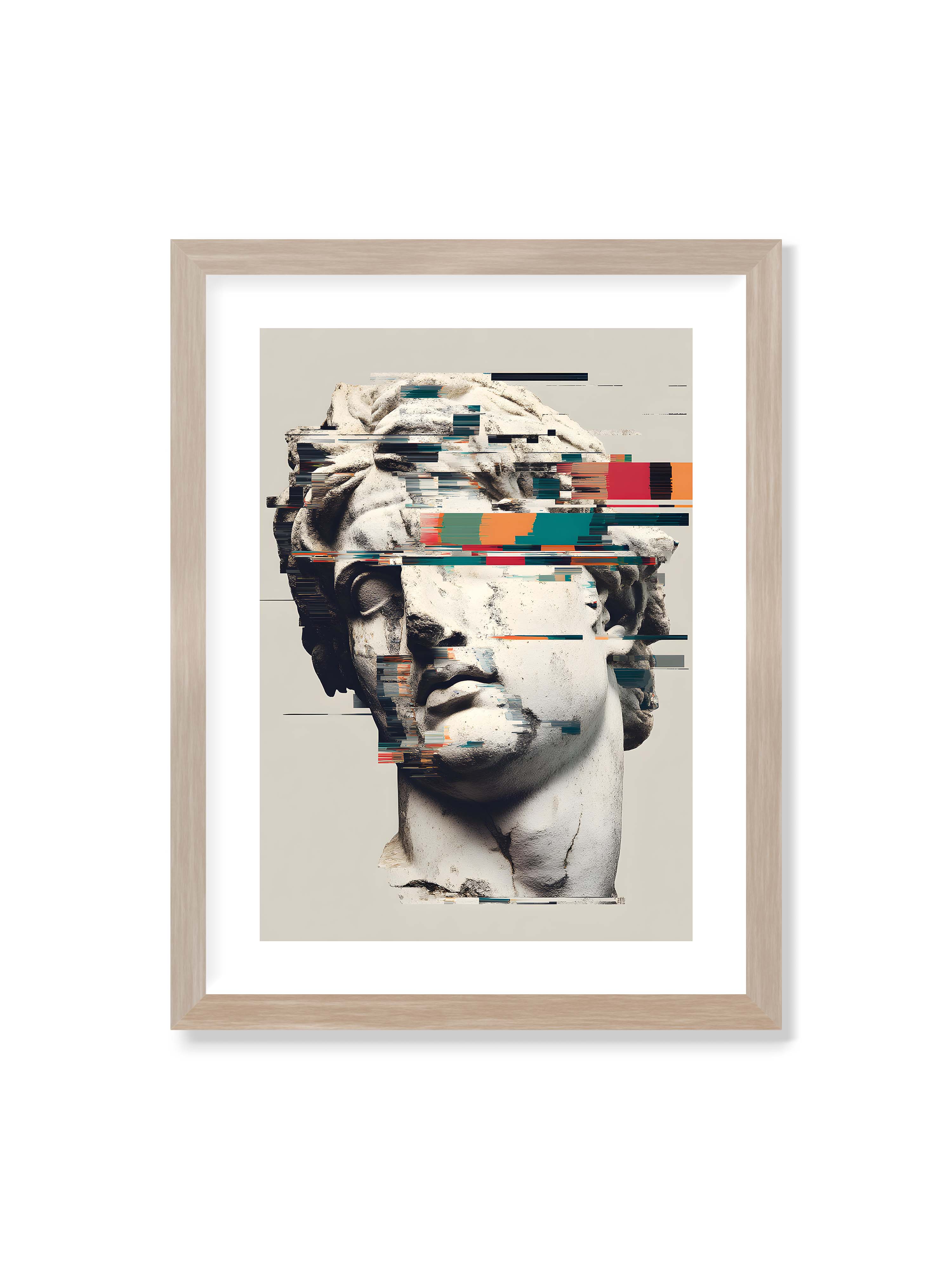 30x40 cm mit weißem Galerie-Rand im Eichenrahmen – Klassische Marmorbüste mit horizontalen digitalen Glitch-Störungen und fragmentierter Steinoberfläche.