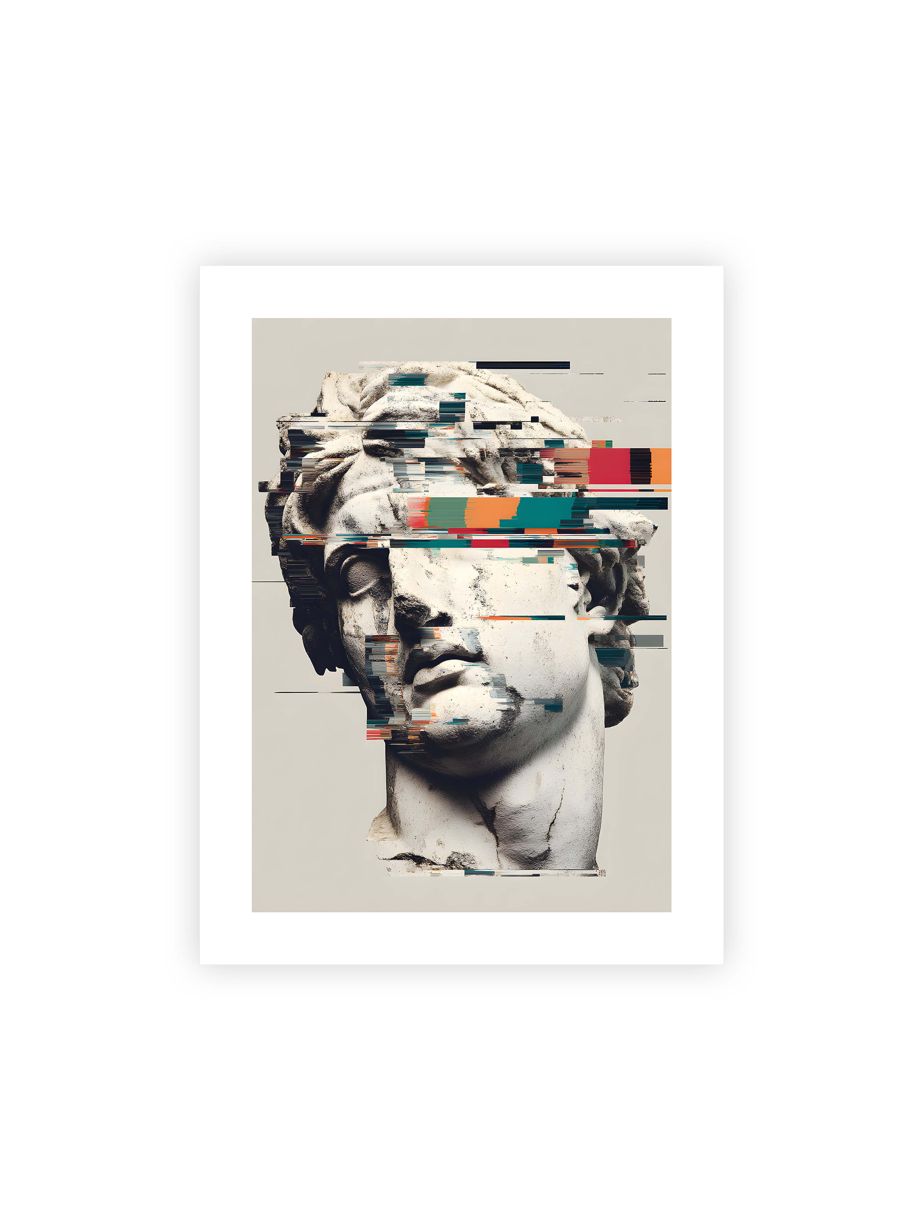 30x40 cm mit weißem Galerie-Rand ohne Rahmen – Klassische Marmorbüste mit horizontalen digitalen Glitch-Störungen und fragmentierter Steinoberfläche.
