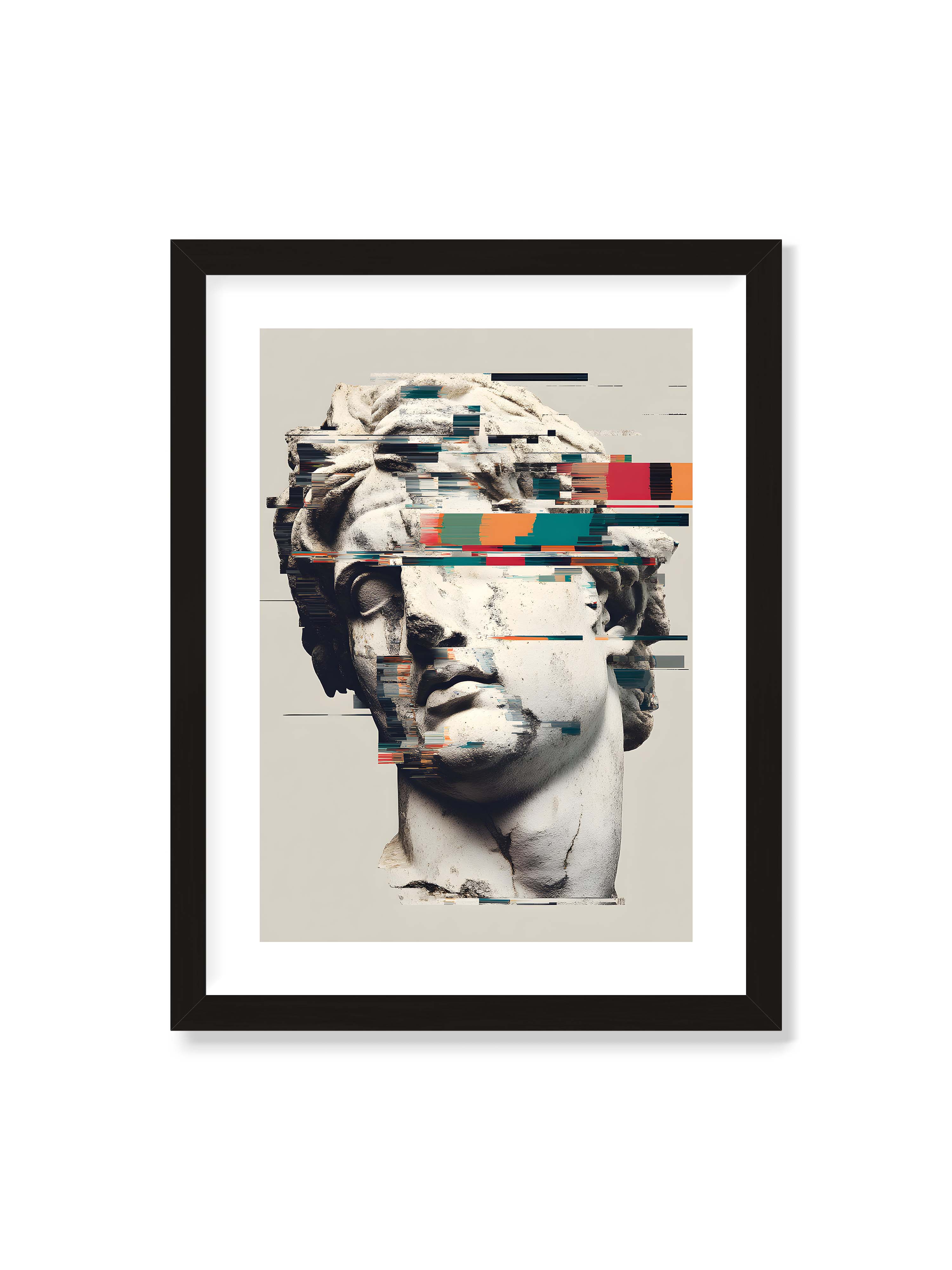 30x40 cm mit weißem Galerie-Rand mit schwarzem Rahmen – Klassische Marmorbüste mit horizontalen digitalen Glitch-Störungen und fragmentierter Steinoberfläche.
