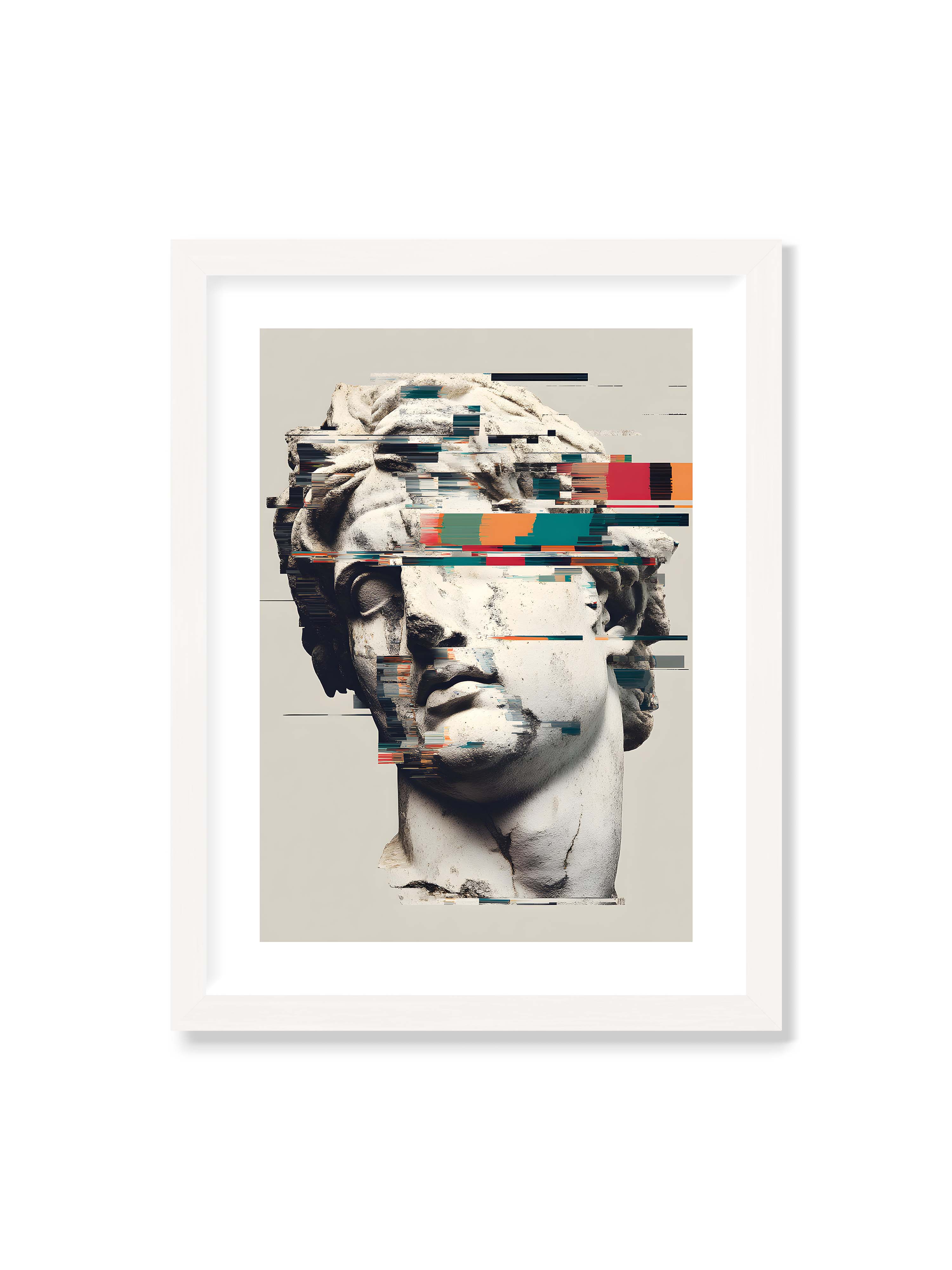 30x40 cm mit weißem Galerie-Rand mit weißem Rahmen – Klassische Marmorbüste mit horizontalen digitalen Glitch-Störungen und fragmentierter Steinoberfläche.