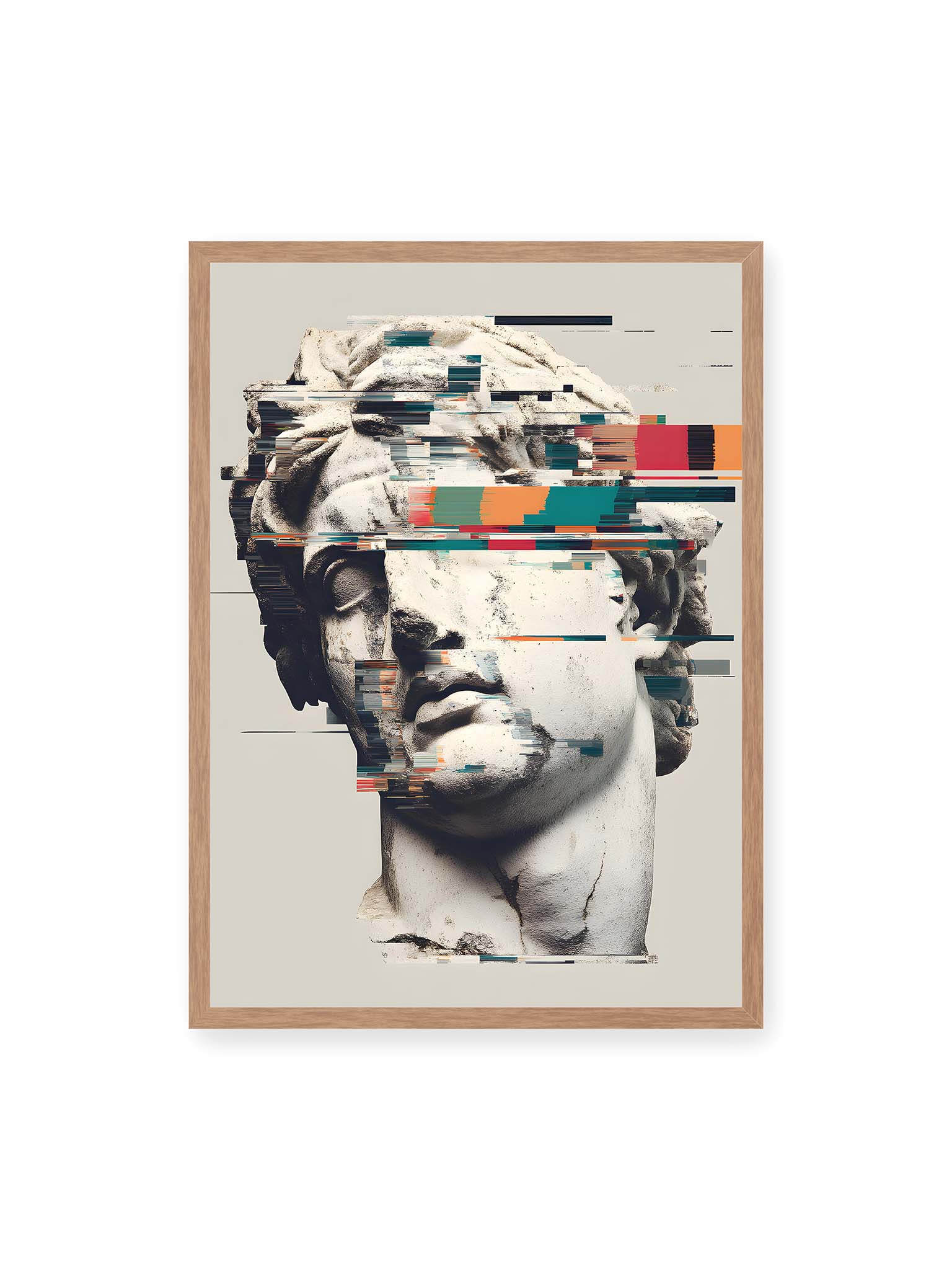 50x70 cm, Eichenrahmen – Klassische Marmorbüste mit horizontalen digitalen Glitch-Störungen und fragmentierter Steinoberfläche.