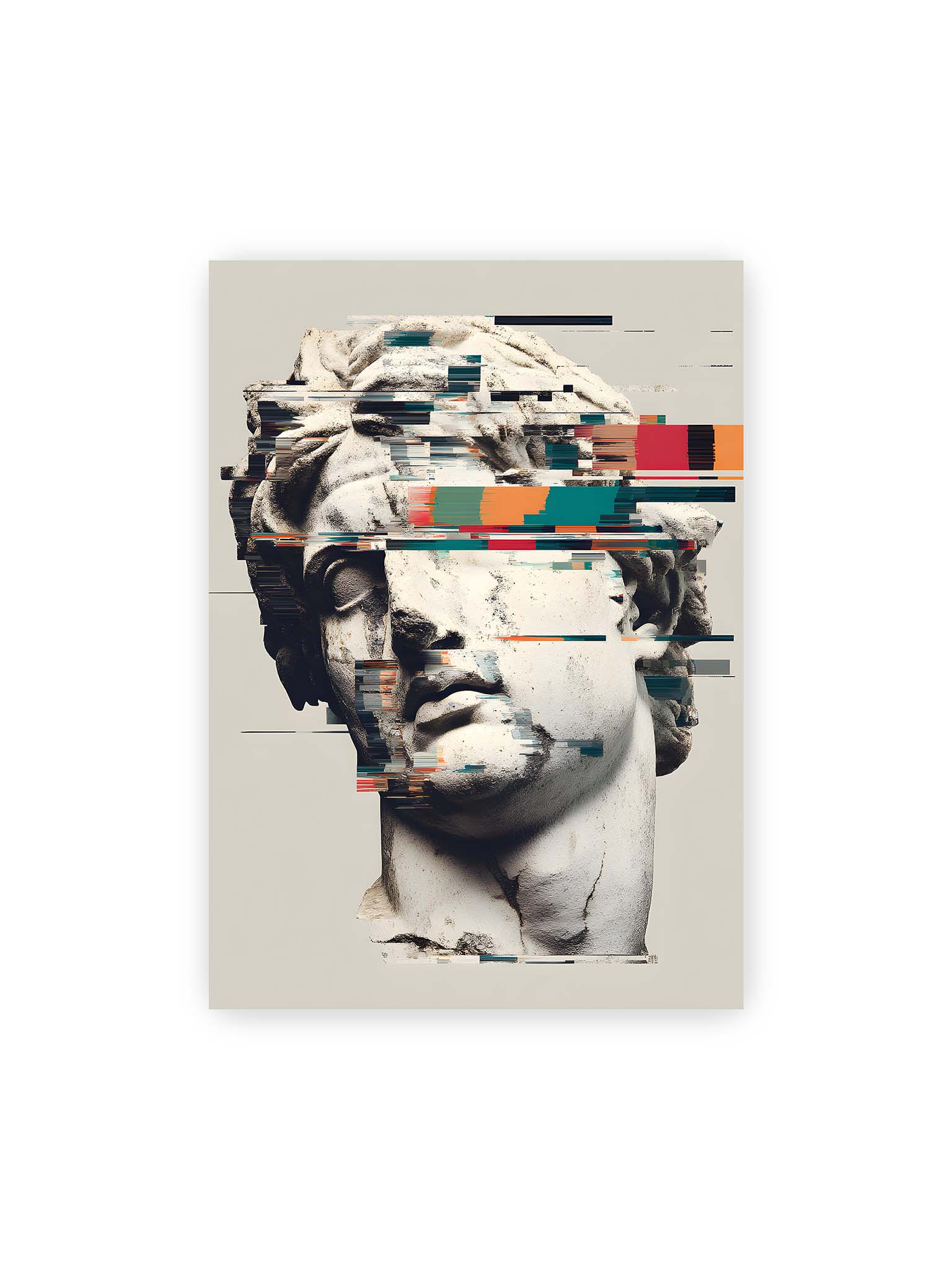 50x70 cm – Klassische Marmorbüste mit horizontalen digitalen Glitch-Störungen und fragmentierter Steinoberfläche.