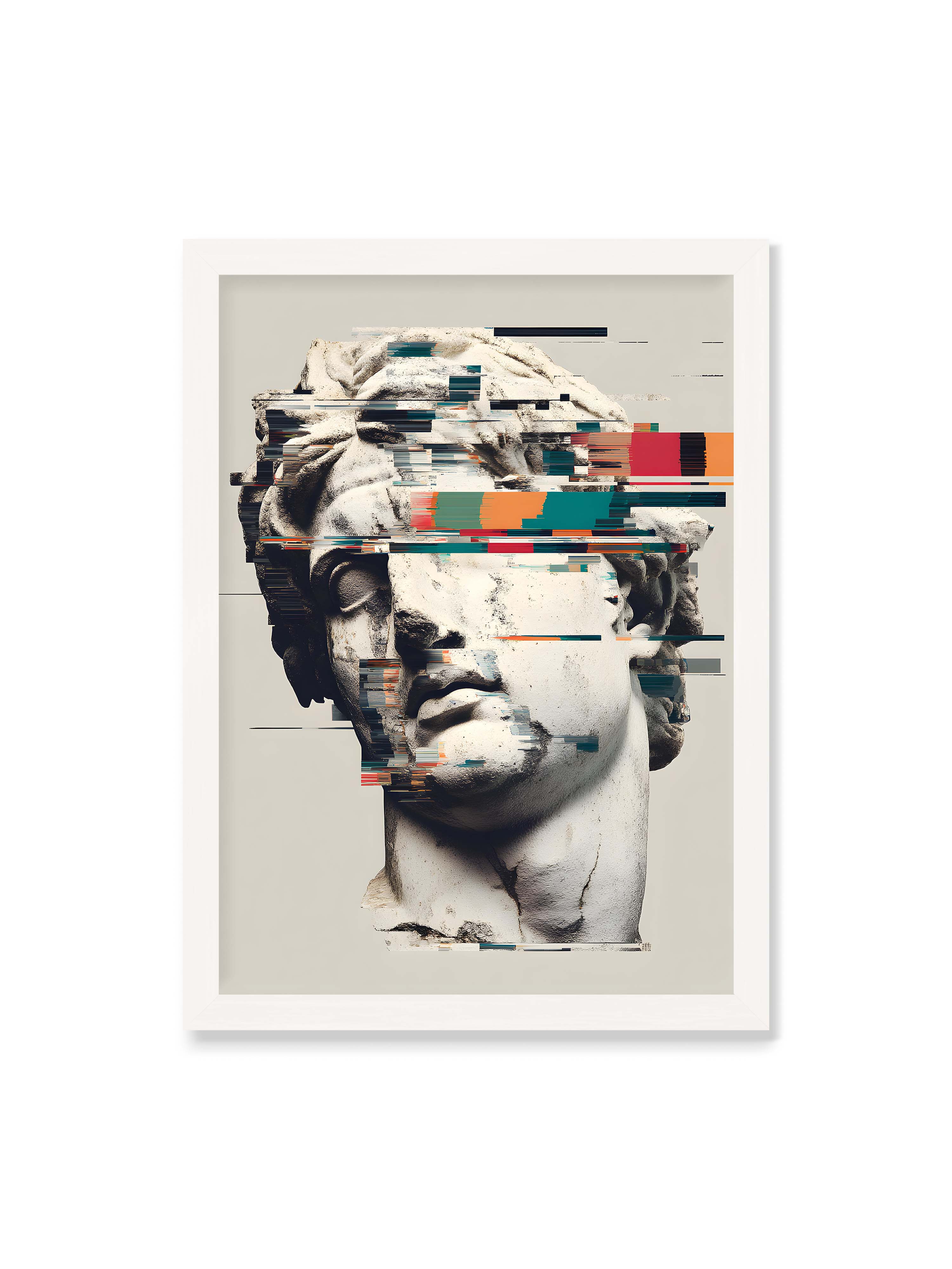 50x70 cm ohne Galerie-Rand mit weißem Rahmen – Klassische Marmorbüste mit horizontalen digitalen Glitch-Störungen und fragmentierter Steinoberfläche.