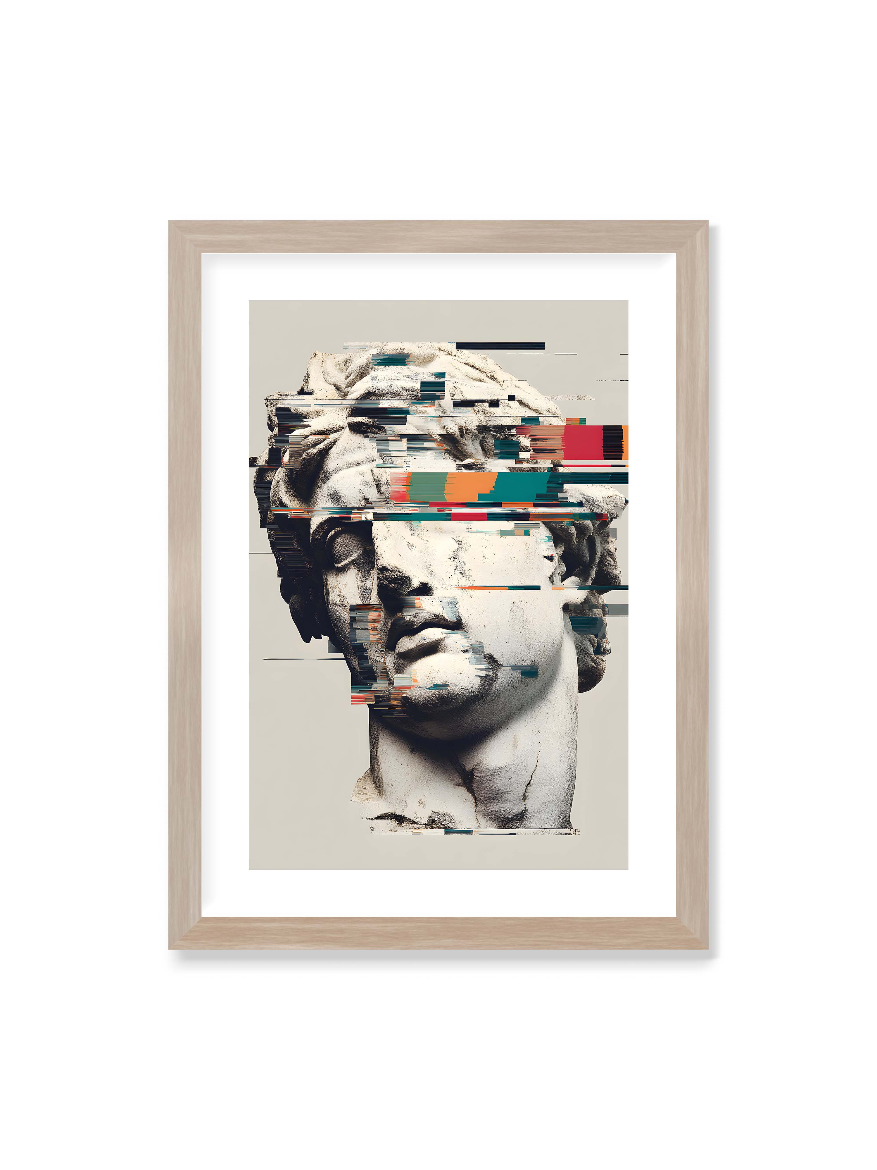 50x70 cm mit weißem Galerie-Rand im Eichenrahmen – Klassische Marmorbüste mit horizontalen digitalen Glitch-Störungen und fragmentierter Steinoberfläche.