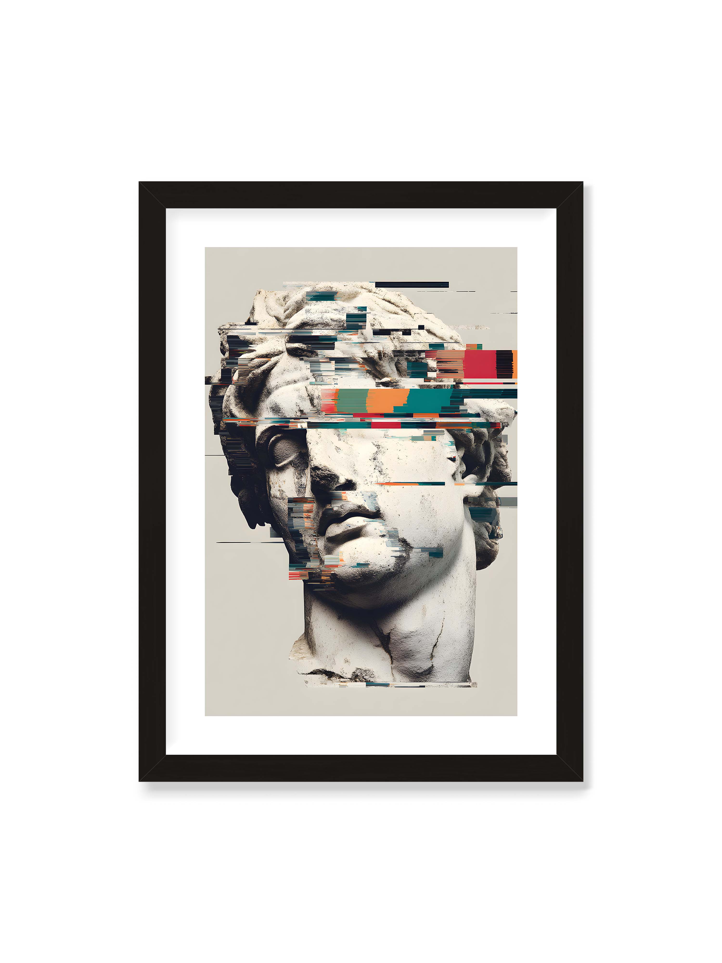 50x70 cm mit weißem Galerie-Rand mit schwarzem Rahmen – Klassische Marmorbüste mit horizontalen digitalen Glitch-Störungen und fragmentierter Steinoberfläche.