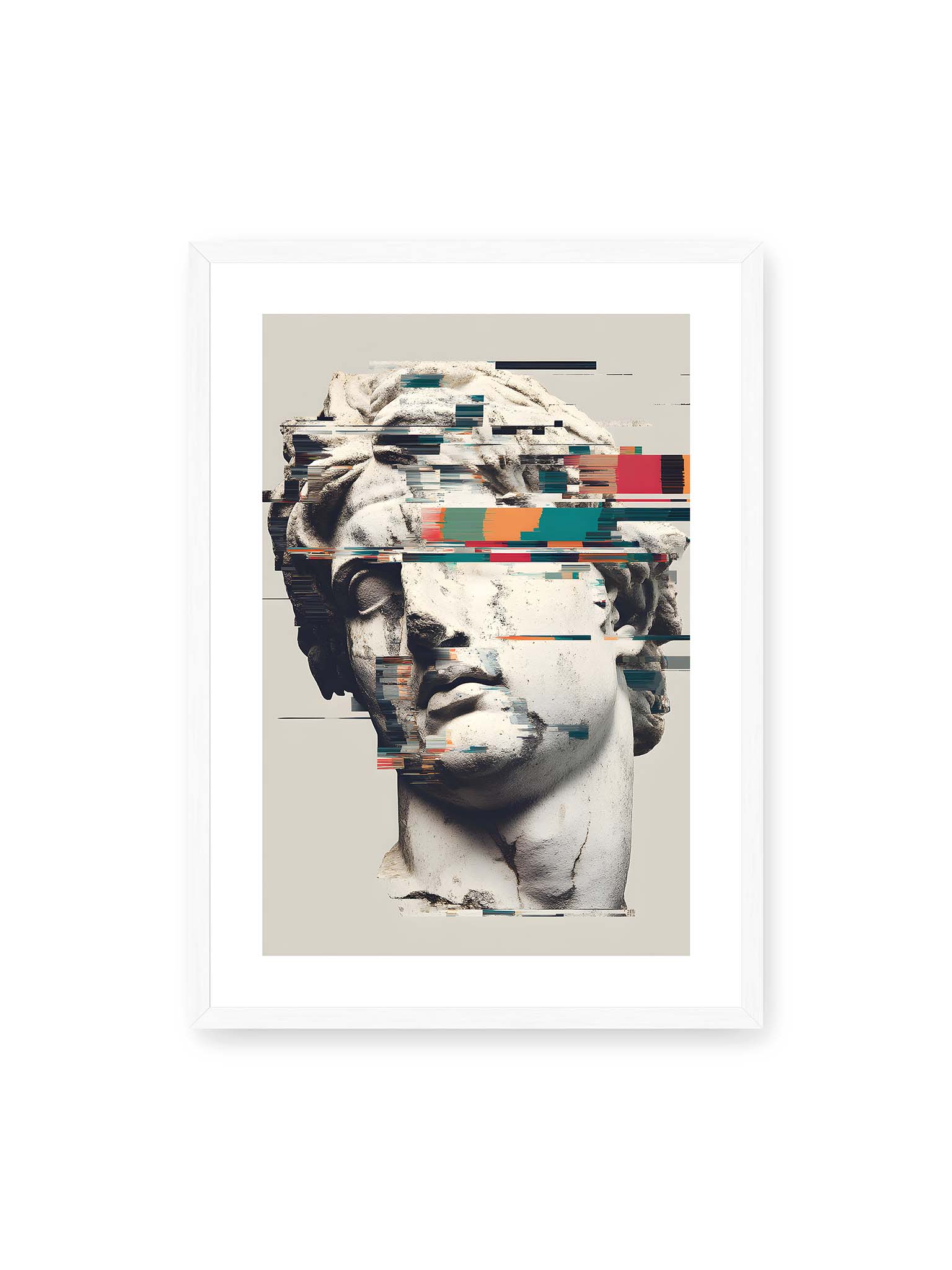 50x70 cm, weißer Galerie-Rand, weißer Rahmen – Klassische Marmorbüste mit horizontalen digitalen Glitch-Störungen und fragmentierter Steinoberfläche.