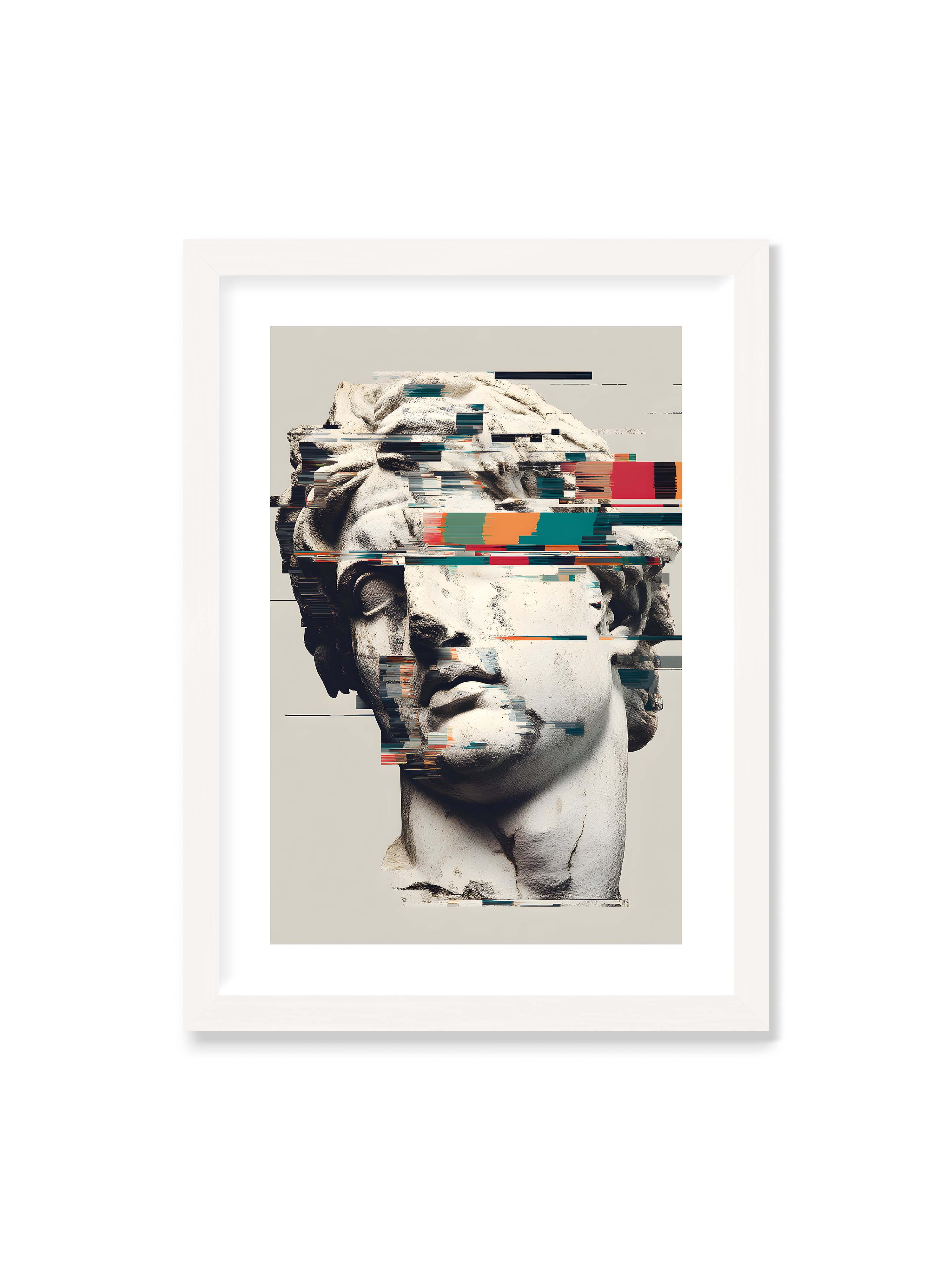 50x70 cm mit weißem Galerie-Rand mit weißem Rahmen – Klassische Marmorbüste mit horizontalen digitalen Glitch-Störungen und fragmentierter Steinoberfläche.