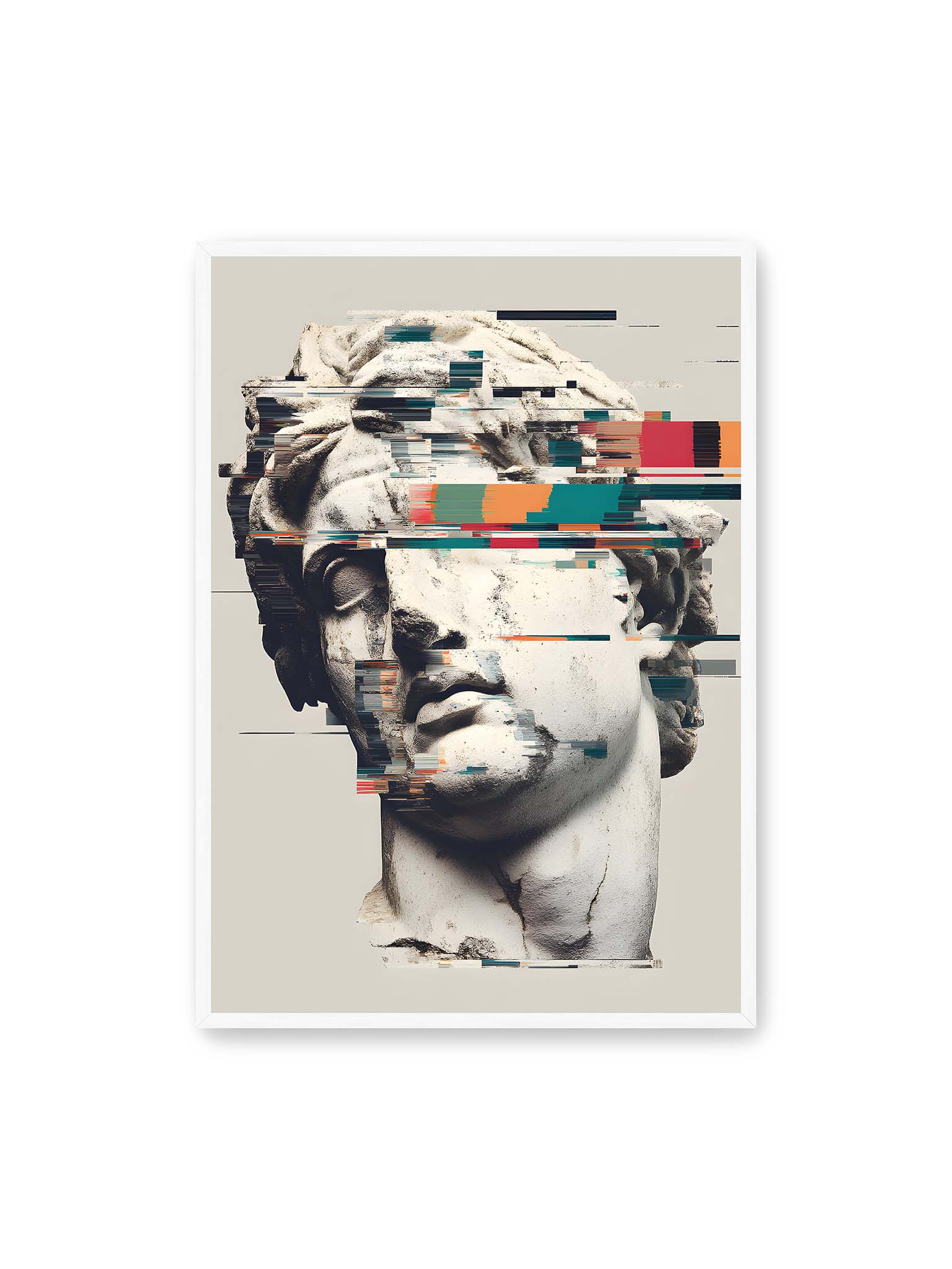 70x100 cm, weißer Rahmen – Klassische Marmorbüste mit horizontalen digitalen Glitch-Störungen und fragmentierter Steinoberfläche.