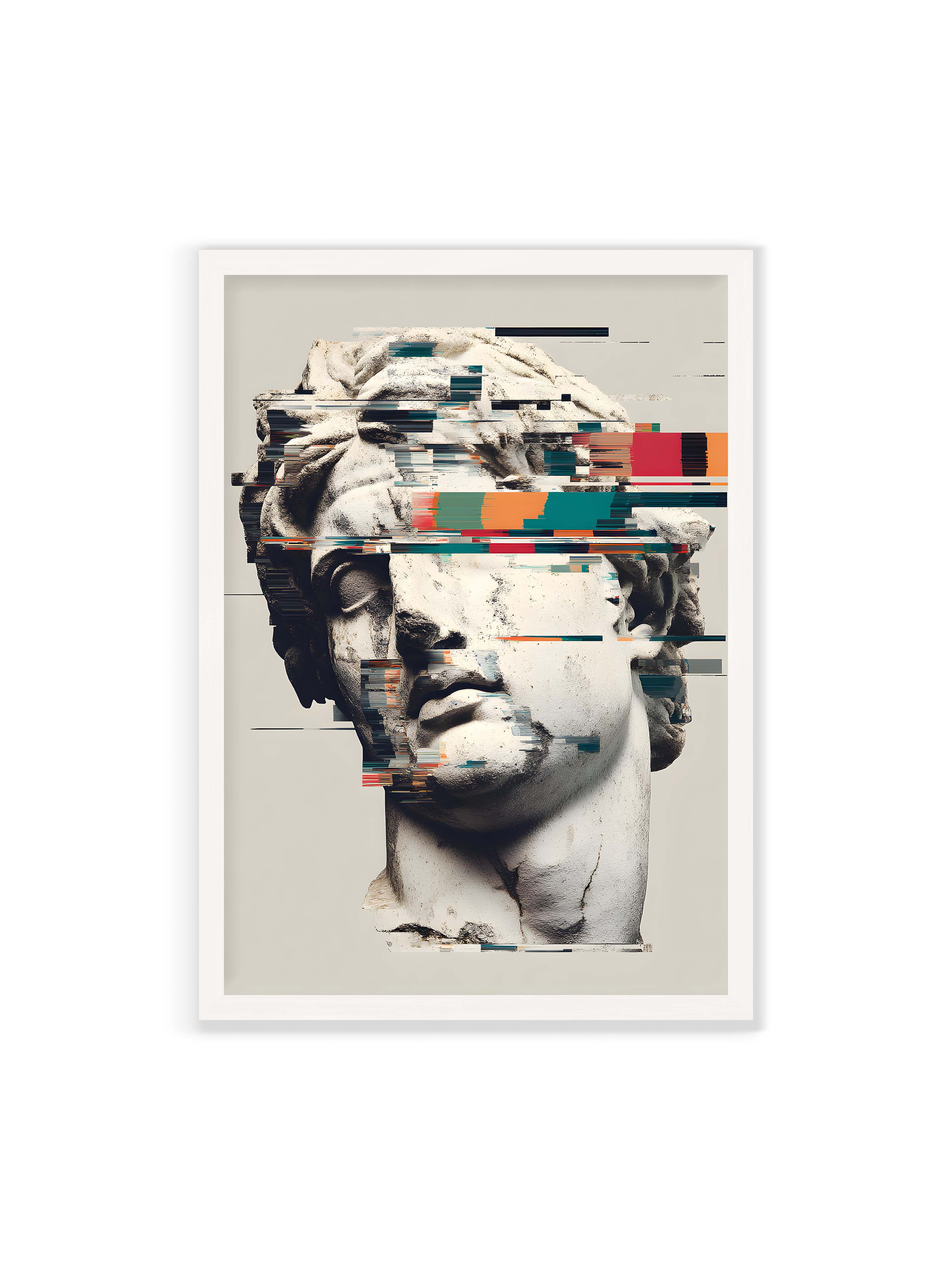 70x100 cm ohne Galerie-Rand mit weißem Rahmen – Klassische Marmorbüste mit horizontalen digitalen Glitch-Störungen und fragmentierter Steinoberfläche.