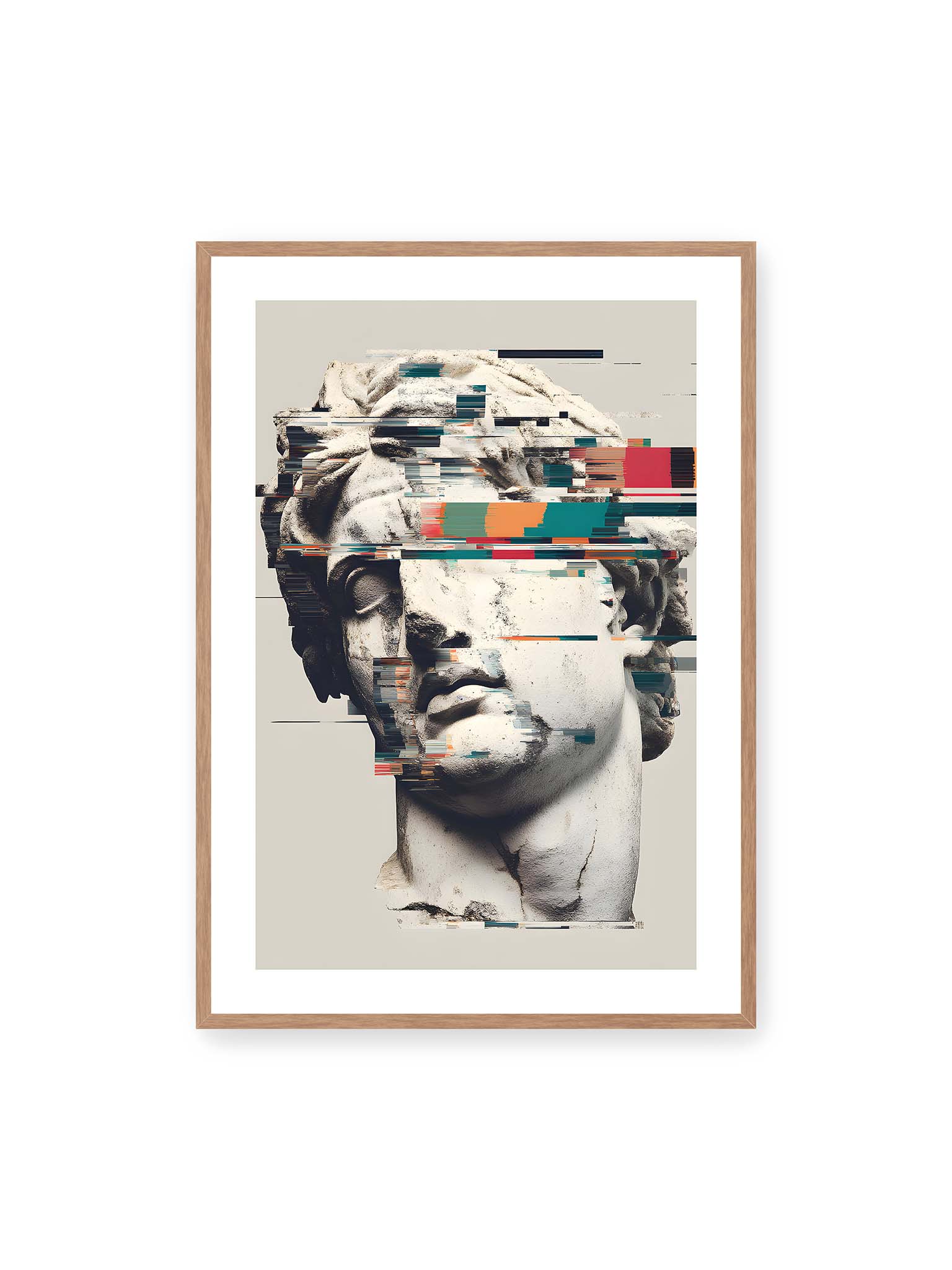 70x100 cm, weißer Galerie-Rand, Eichenrahmen – Klassische Marmorbüste mit horizontalen digitalen Glitch-Störungen und fragmentierter Steinoberfläche.