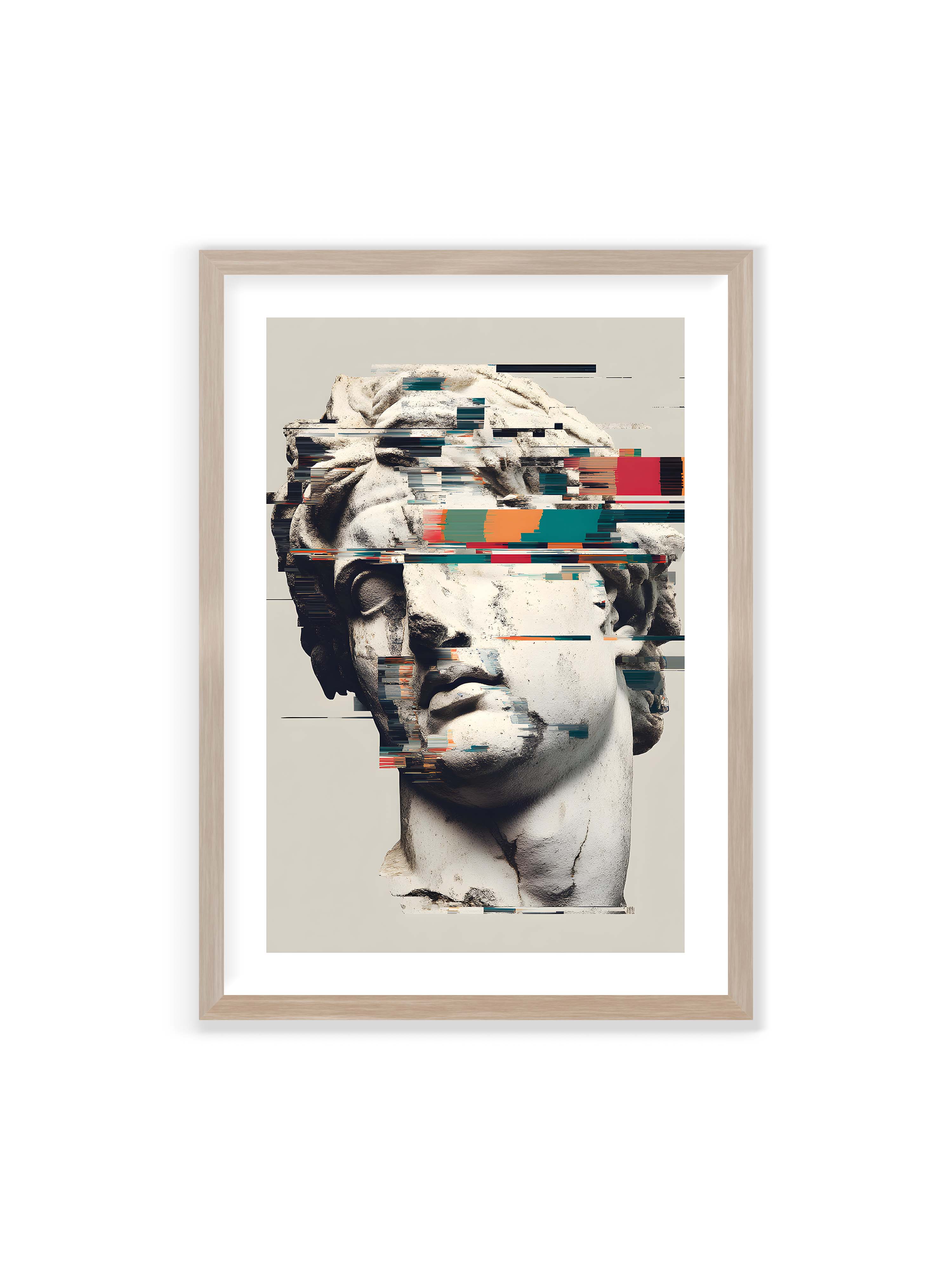 70x100 cm mit weißem Galerie-Rand im Eichenrahmen – Klassische Marmorbüste mit horizontalen digitalen Glitch-Störungen und fragmentierter Steinoberfläche.
