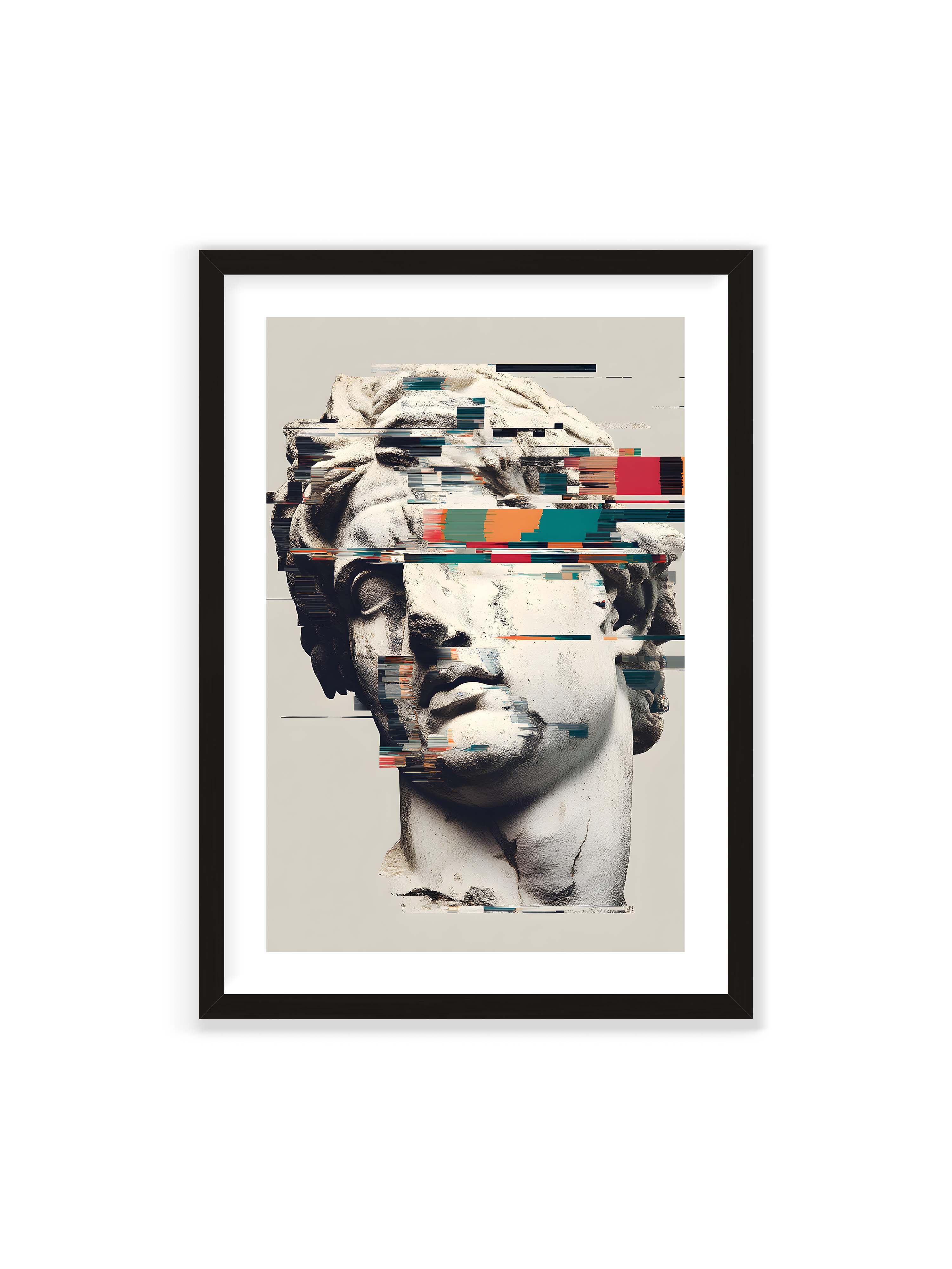 70x100 cm mit weißem Galerie-Rand mit schwarzem Rahmen – Klassische Marmorbüste mit horizontalen digitalen Glitch-Störungen und fragmentierter Steinoberfläche.
