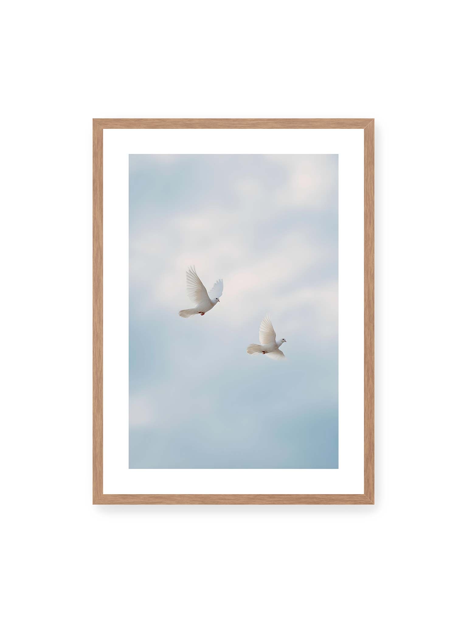 50x70 cm, weißer Galerie-Rand, Eichenrahmen – Zwei weiße Tauben fliegen synchron durch einen hellen, leicht bewölkten Himmel.