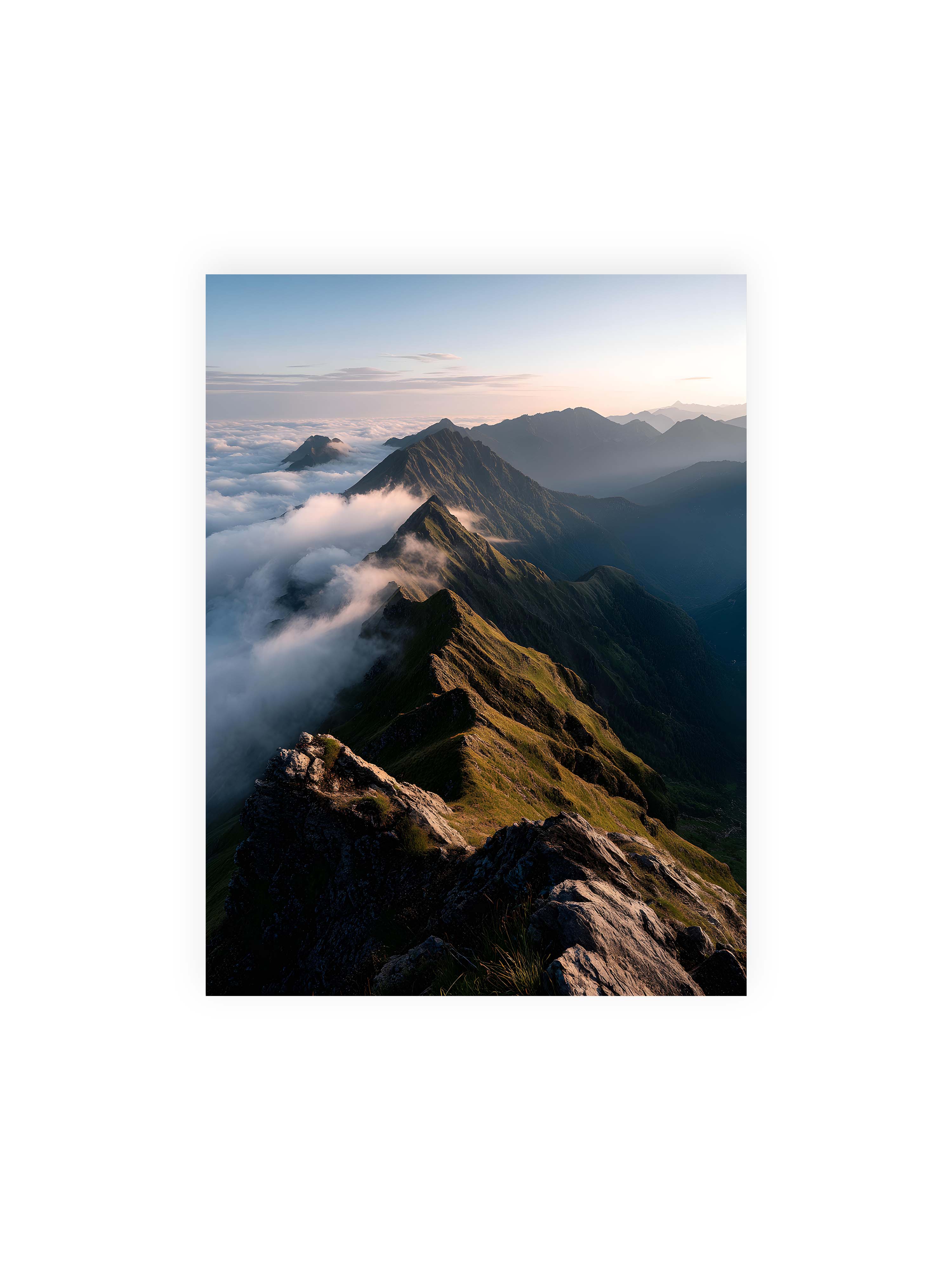 30x40 cm ohne Galerie-Rand ohne Rahmen – Gebirgskette mit Nebel und Lichtspielen, Wolken umhüllen die Gipfel.