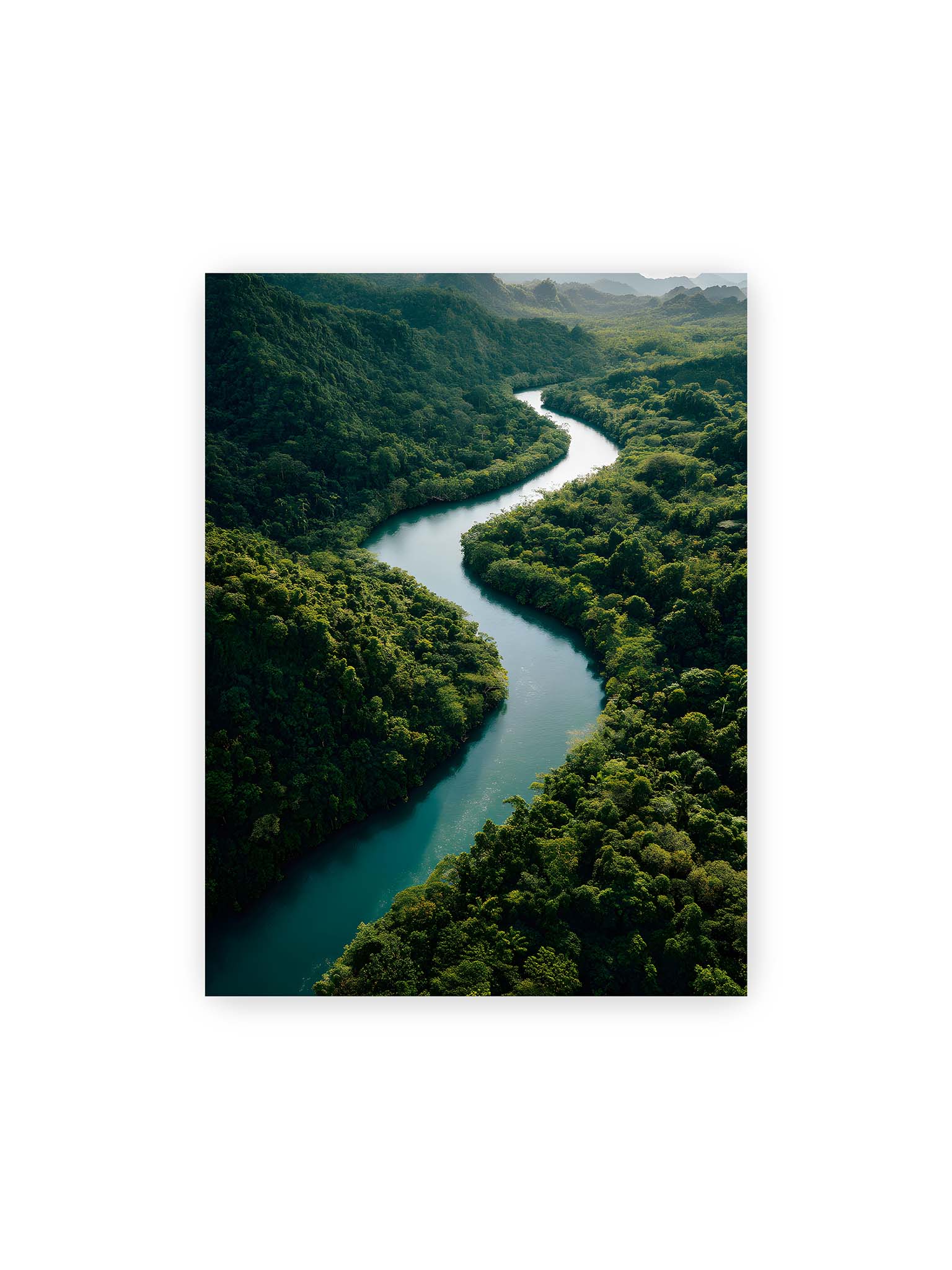 30x40 cm – Ein Fluss, umgeben von üppigem, grünem Dschungel, reflektiert das sanfte Licht des Tages.